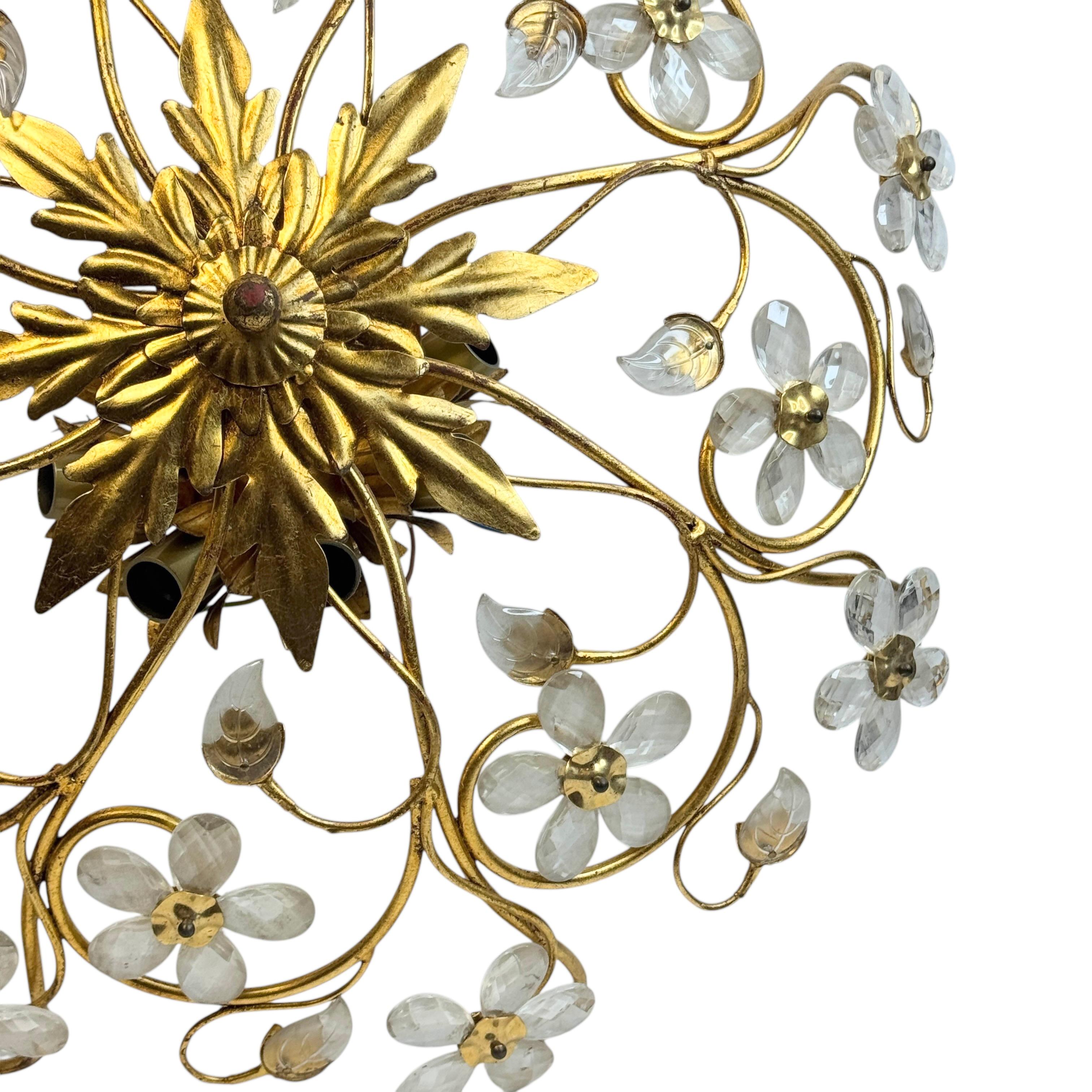 Italian Monumental Banci Firenze Florentine Murano Glass Flush Mount Tole Toleware Gilt For Sale