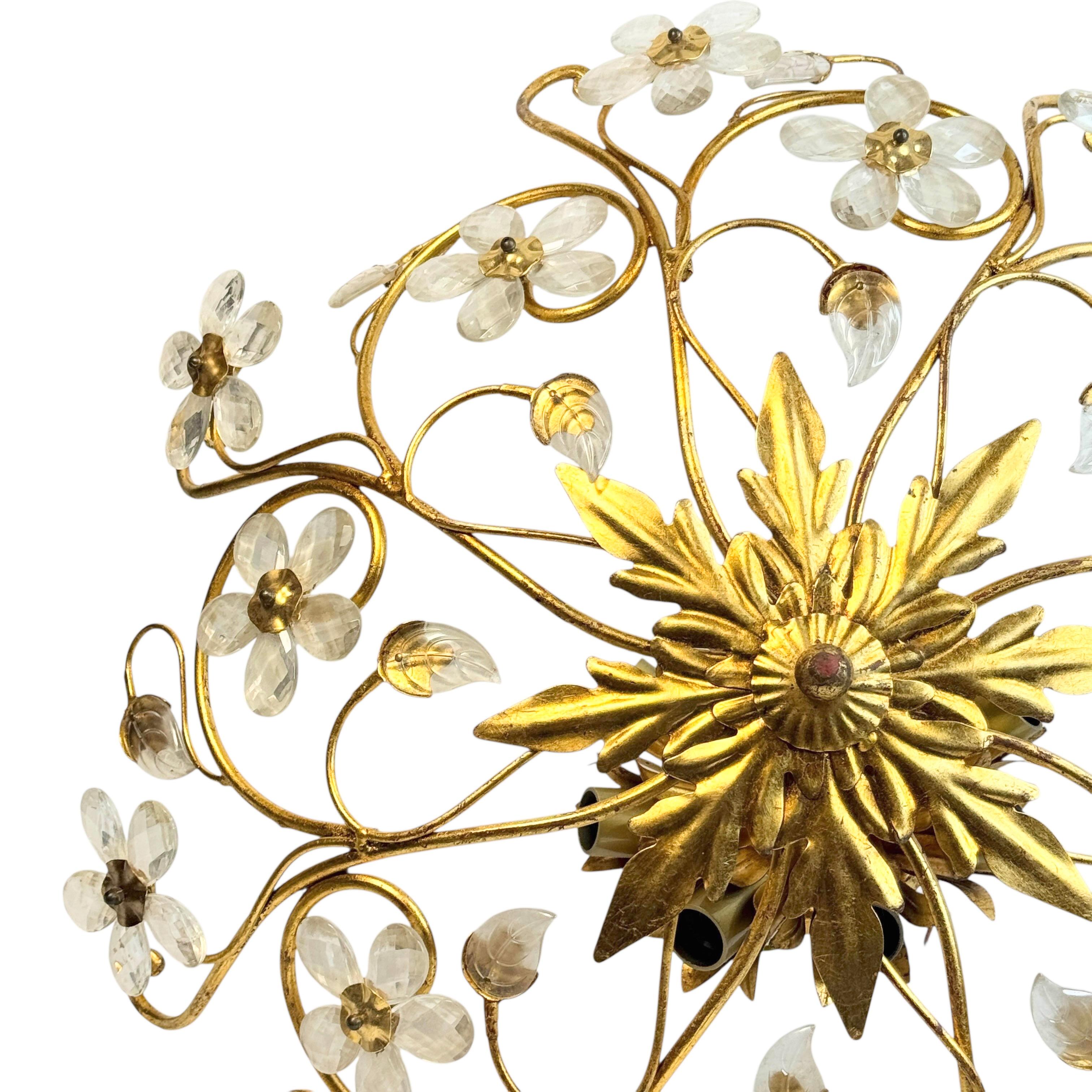 Mid-20th Century Monumental Banci Firenze Florentine Murano Glass Flush Mount Tole Toleware Gilt For Sale
