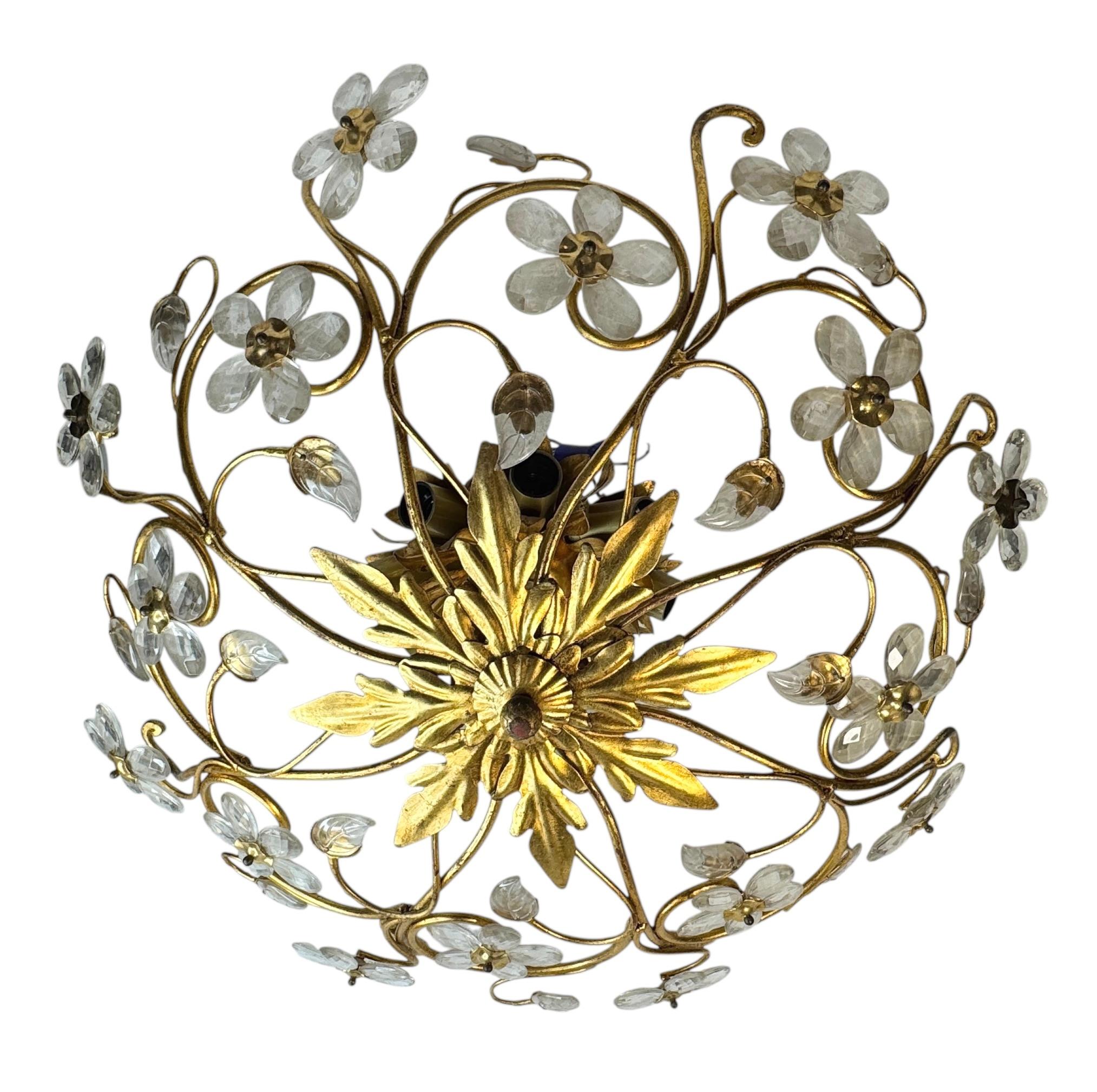 Monumental Banci Firenze Florentine Murano Glass Flush Mount Tole Toleware Gilt For Sale 1