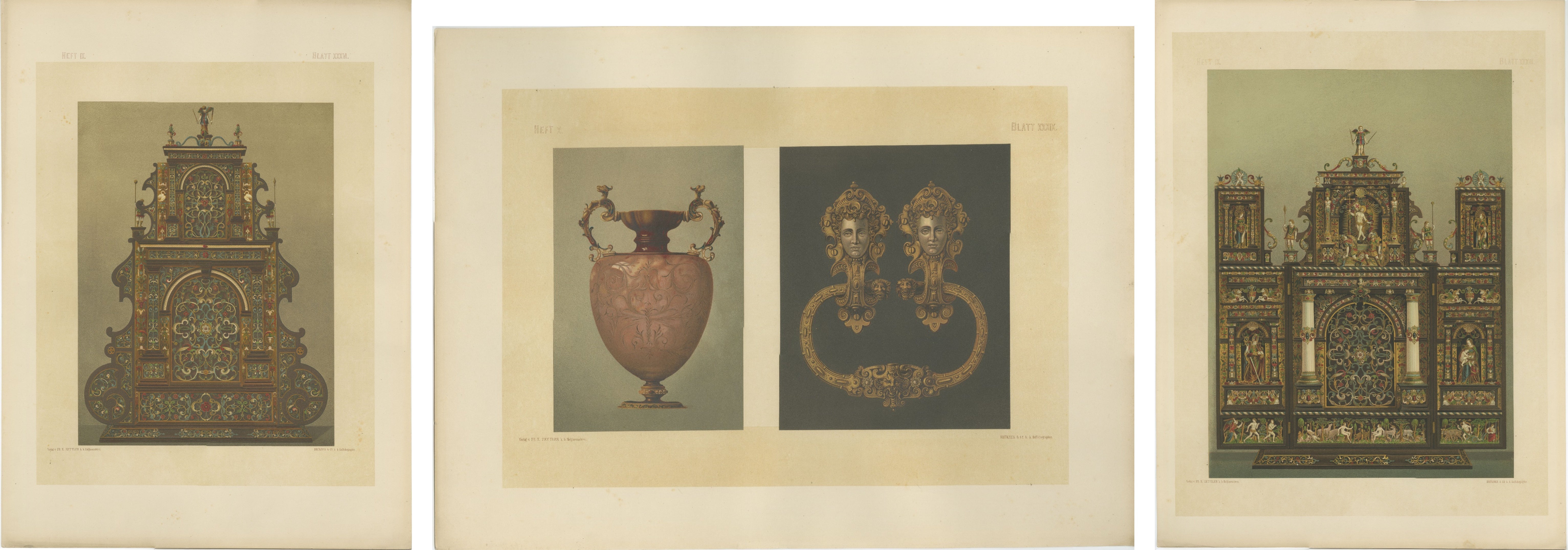 Monumental Bavarian Altar Design Triptych – Historicist Ornament, c. 1874