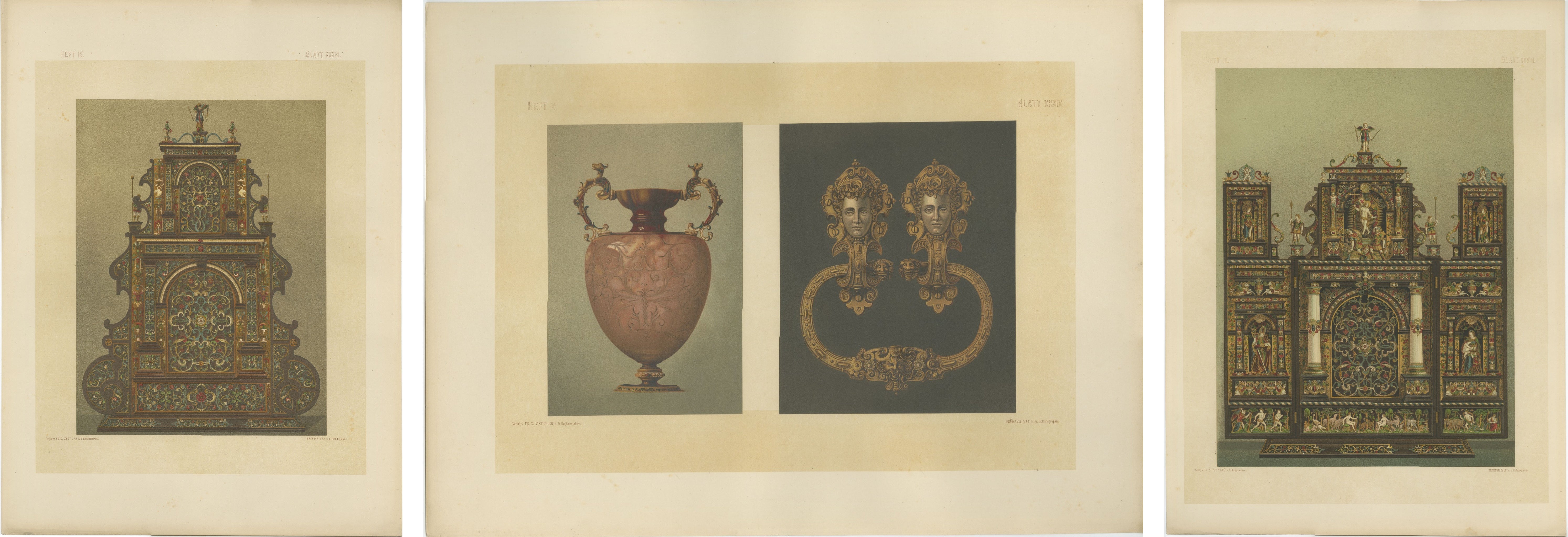 Monumental Bavarian Altar Design Triptych – Historicist Ornament, c. 1874