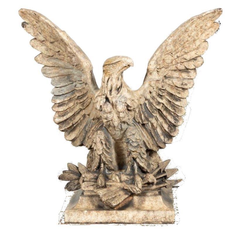 Magnificent Glazed ceramic eagle with outstretched wings, branch and three arrows in talons, most probably Beaux Arts architectural sculpture. Continental or American, circa 1900. 
Dimensions: Height 42