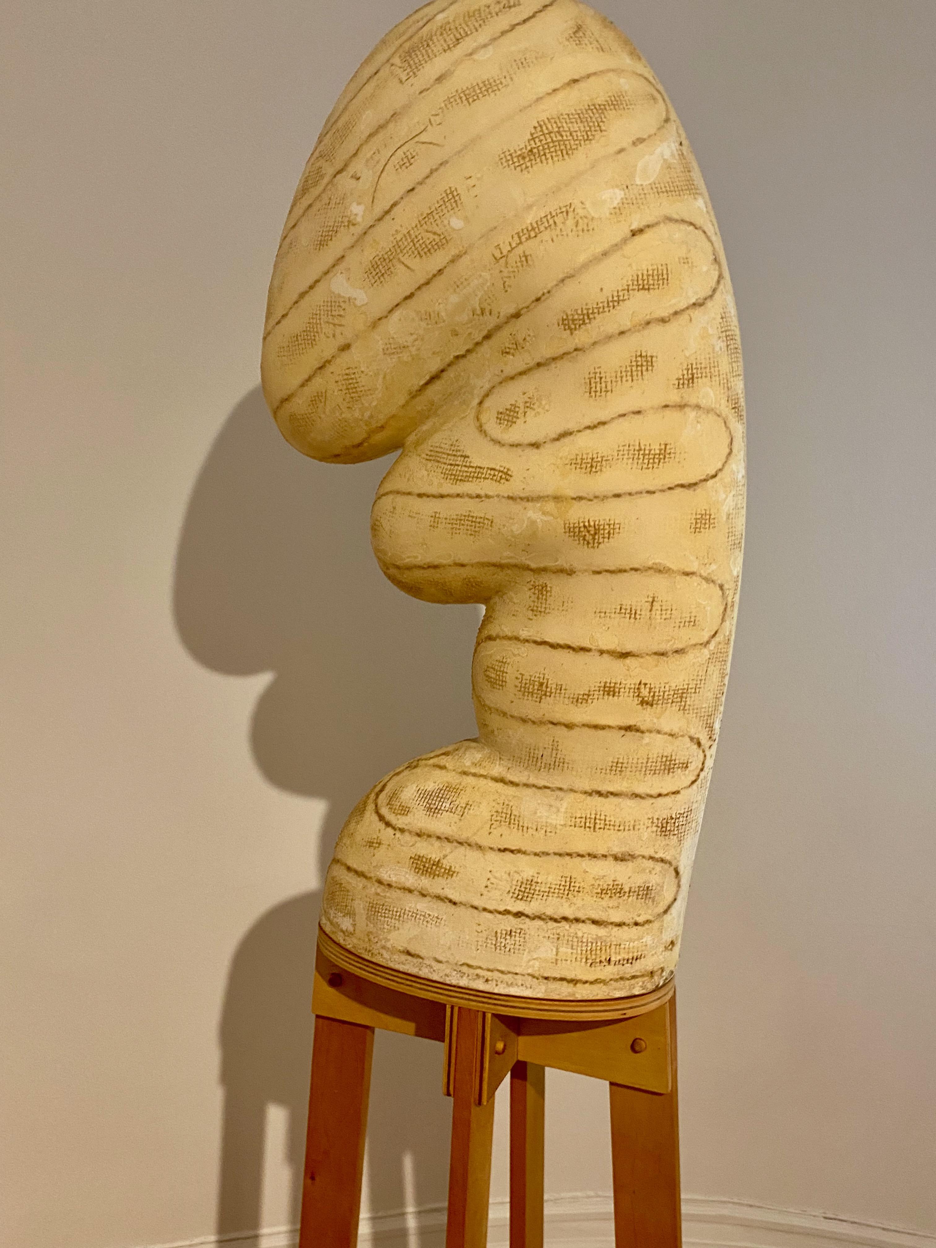Hand-Carved Large-Scale Biomorphic Plaster Sculpture on Artist-Built Wooden Stand For Sale