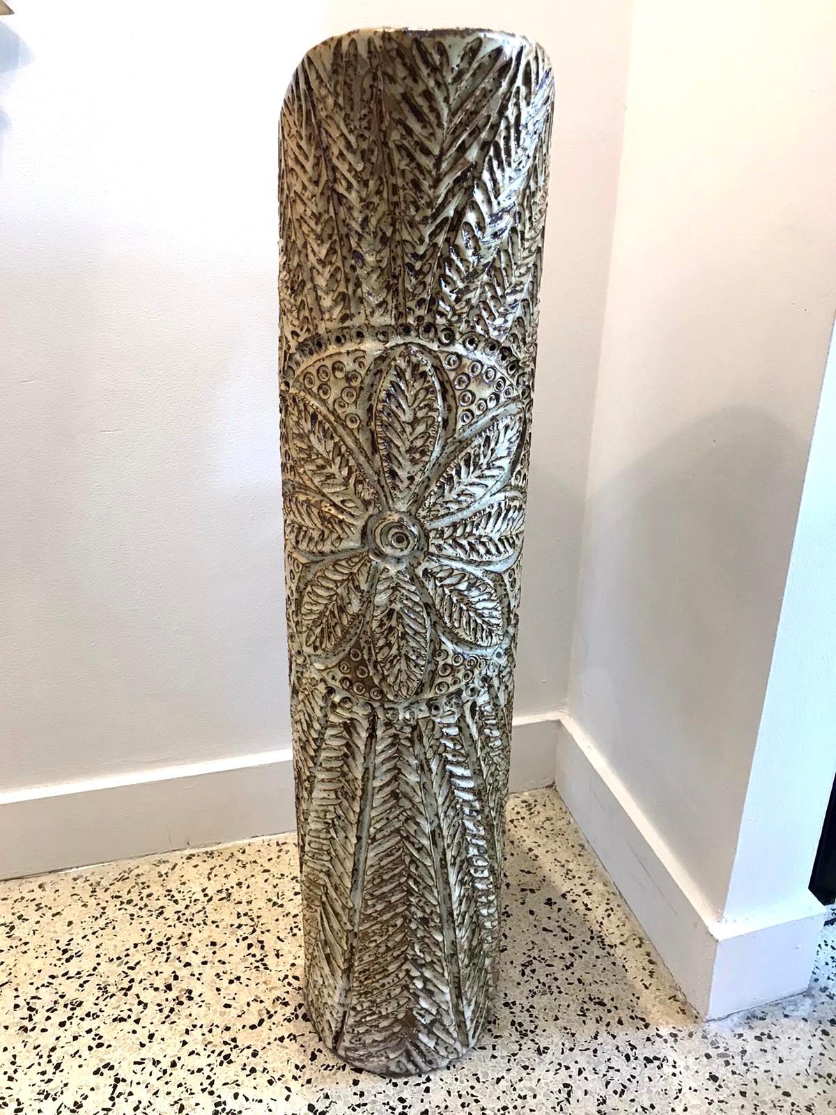 Glazed earthenware made in Italy (stamped to bottom) this huge natural earth tones piece has a carved texture and very important. Rarely seen one so tall.