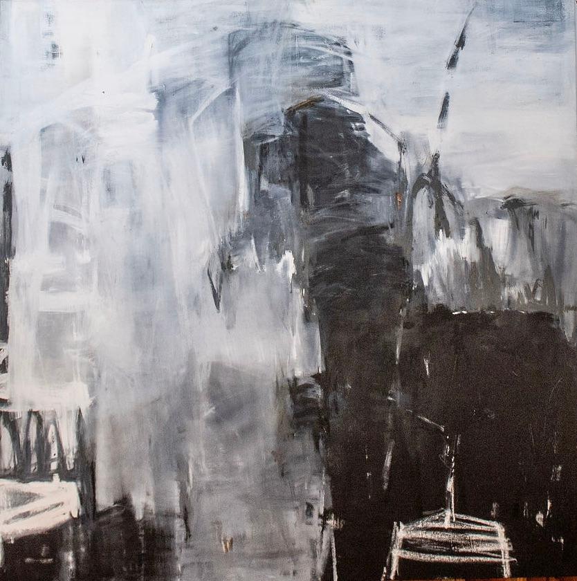 Monumental black and white abstract paining in oil on canvas.  the painting is not signed on the front and can be rotated to hang as needed.  The paining is deep at 3