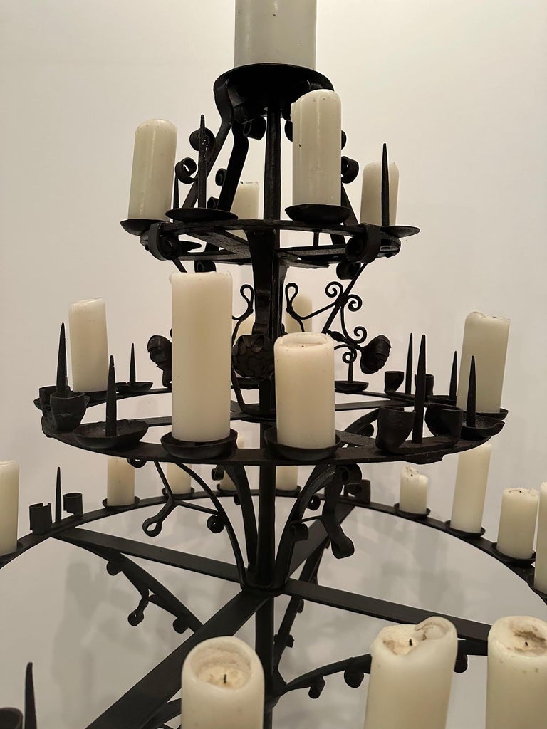 Monumental Black Hand Wrought Iron 3 Tiered Spanish Freestanding Candleabra  For Sale at 1stDibs, image size:768x1024