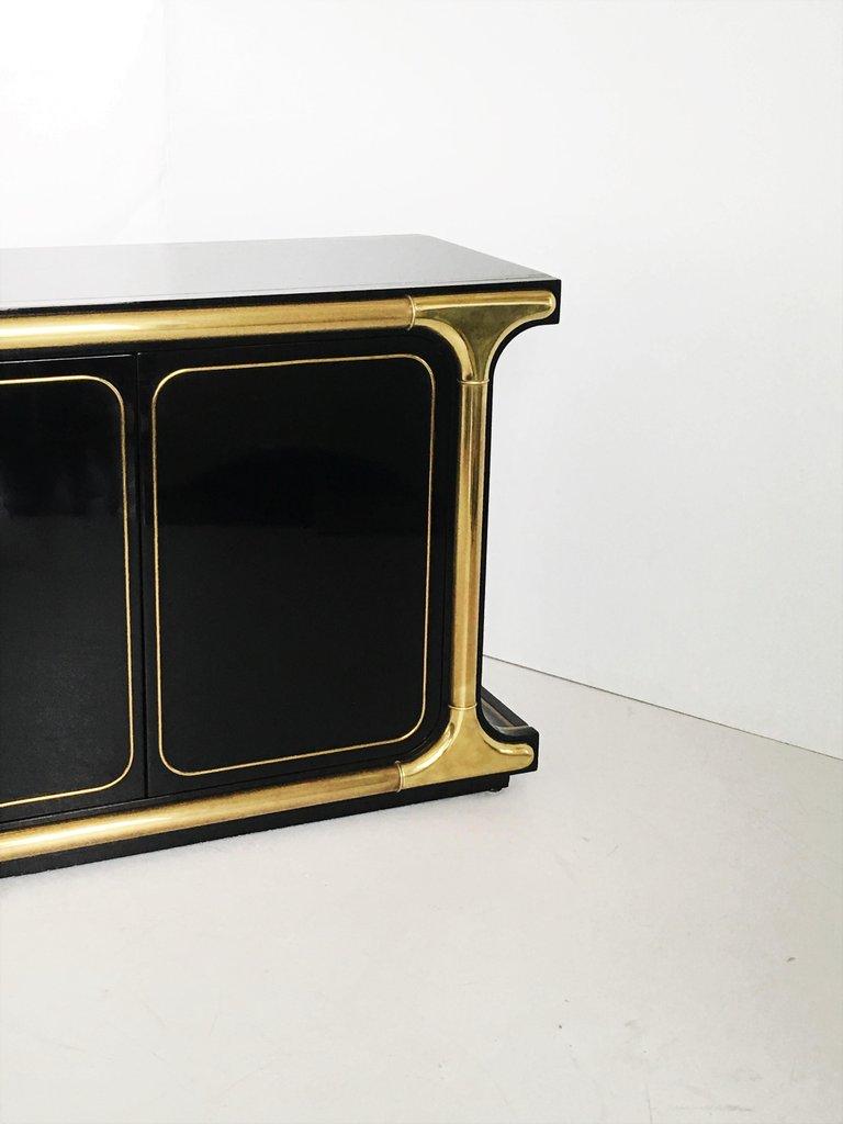 Hollywood Regency Monumental Black Lacquer and Brass Credenza by Mastercraft
