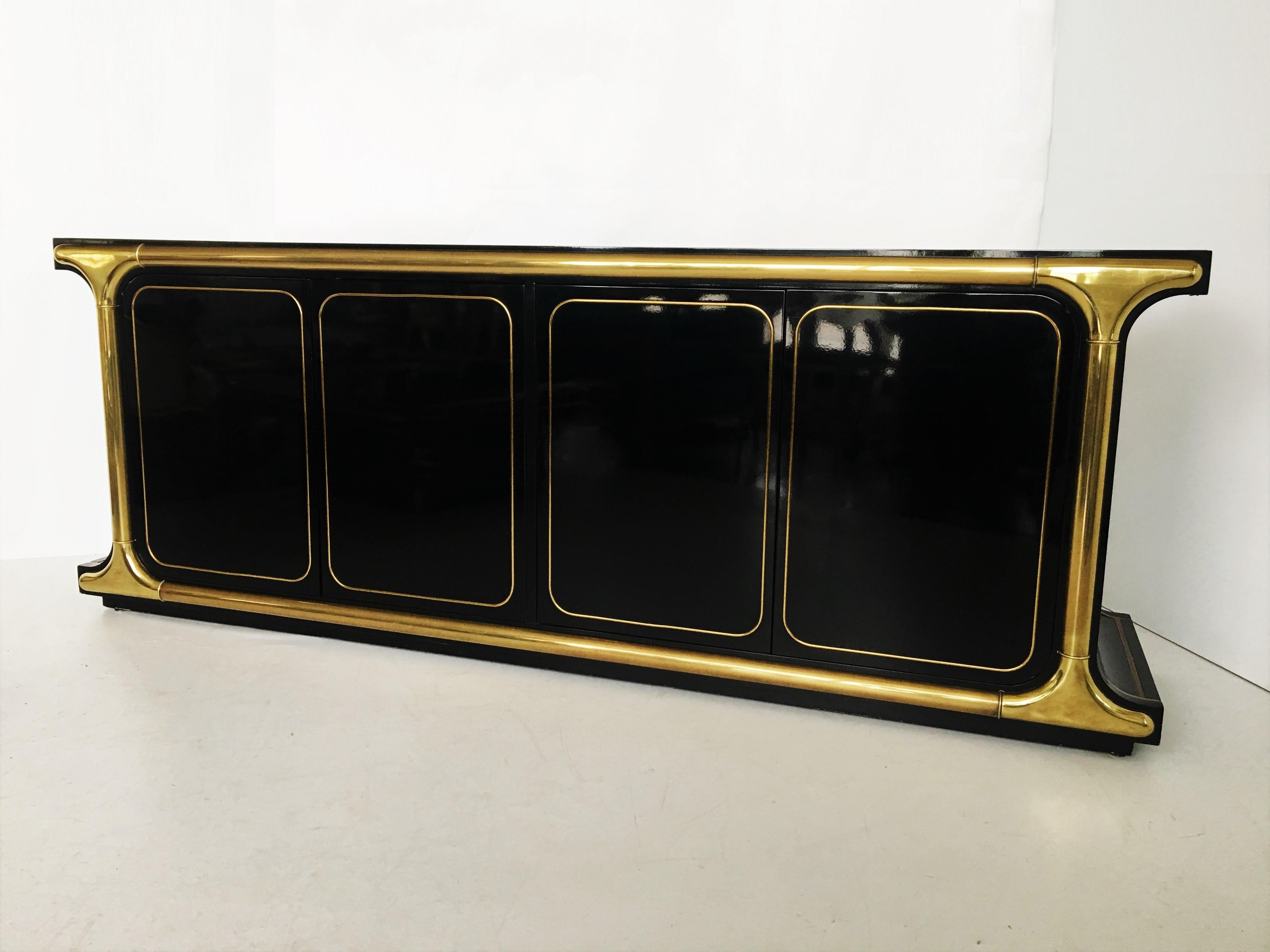 American Monumental Black Lacquer and Brass Credenza by Mastercraft