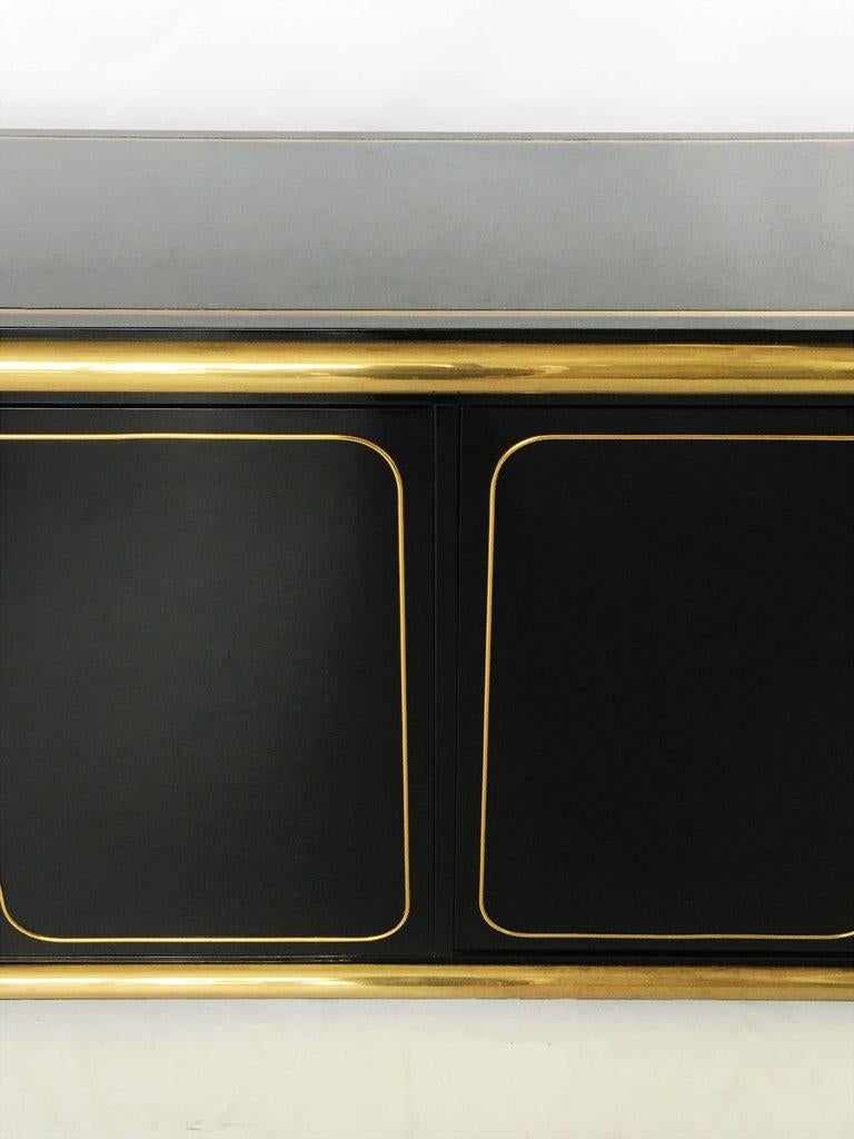 Wood Monumental Black Lacquer and Brass Credenza by Mastercraft