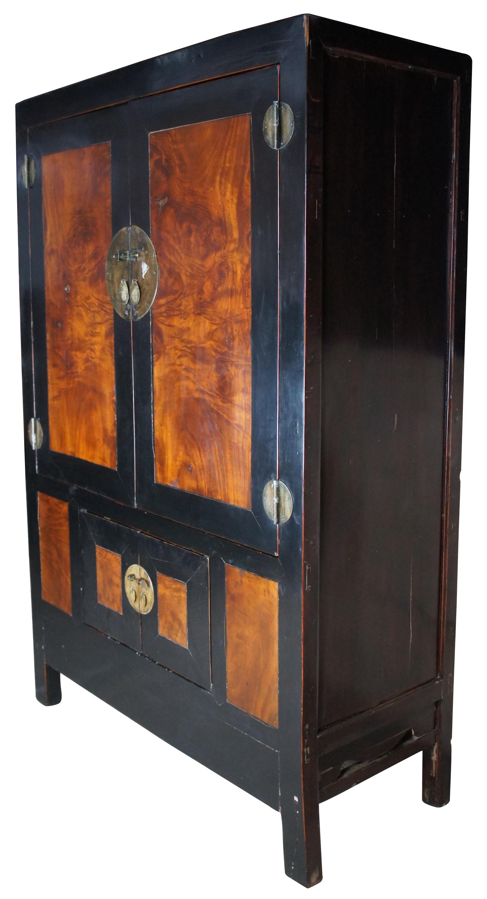 Ming Monumental Black Lacquer Carpathian Elm Burl Wedding Cabinet Linen Press Armoire