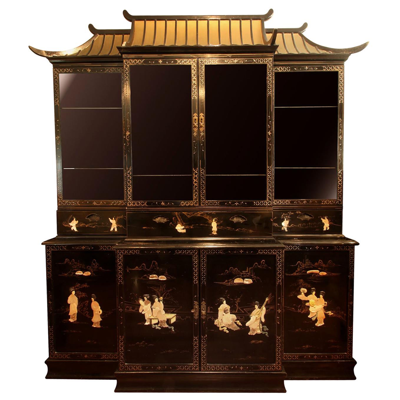Monumental Black Lacquer Chinoiserie Pagoda Top Cabinet