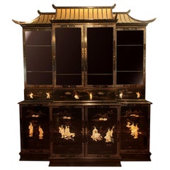 Monumental Black Lacquer Chinoiserie Pagoda Top Cabinet