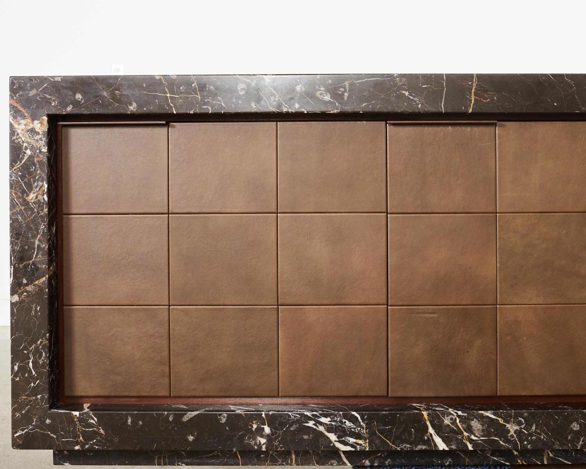 Monumental Black Marble Case Leather Sideboard Credenza  For Sale 6