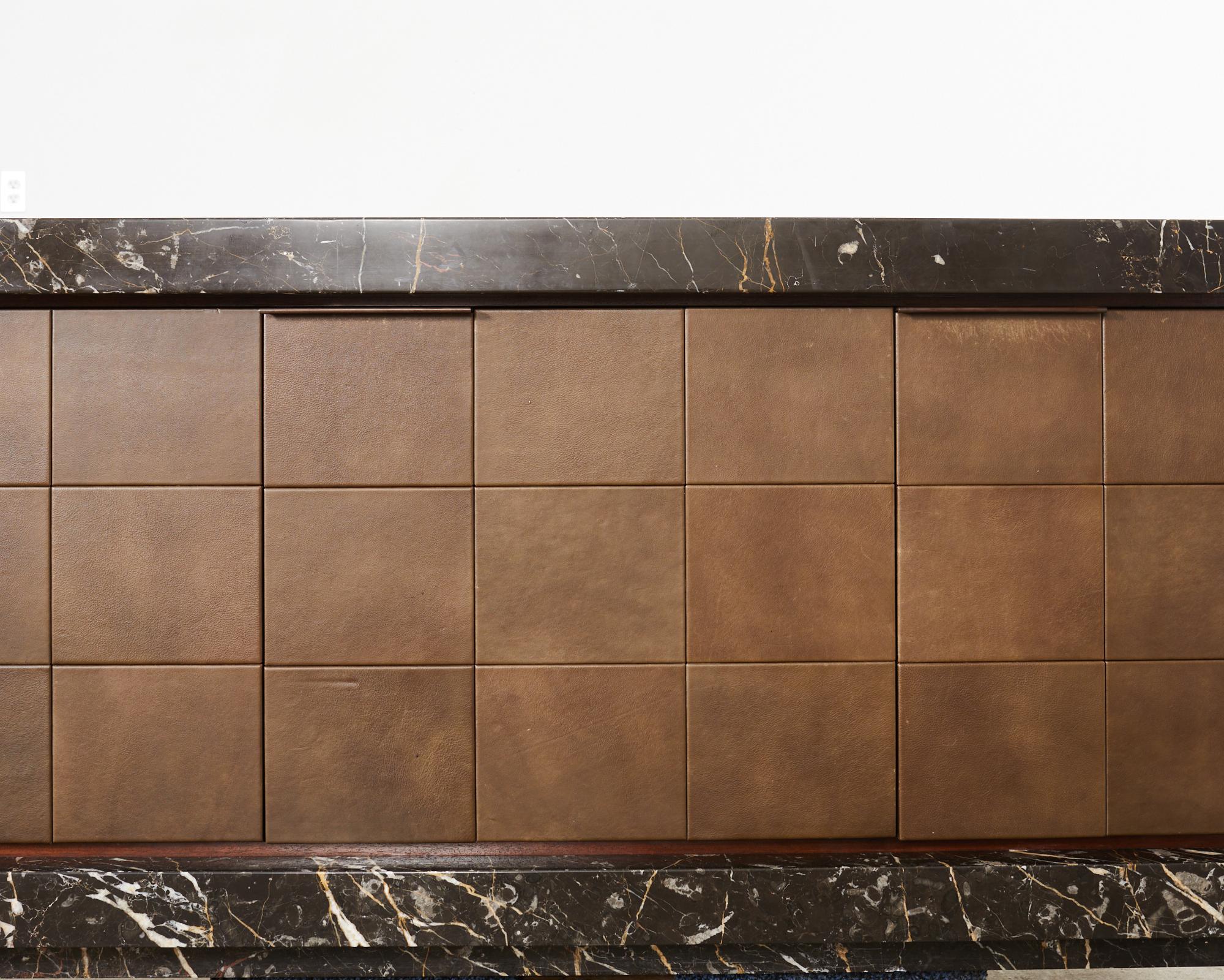 Monumental Black Marble Case Leather Sideboard Credenza  For Sale 7