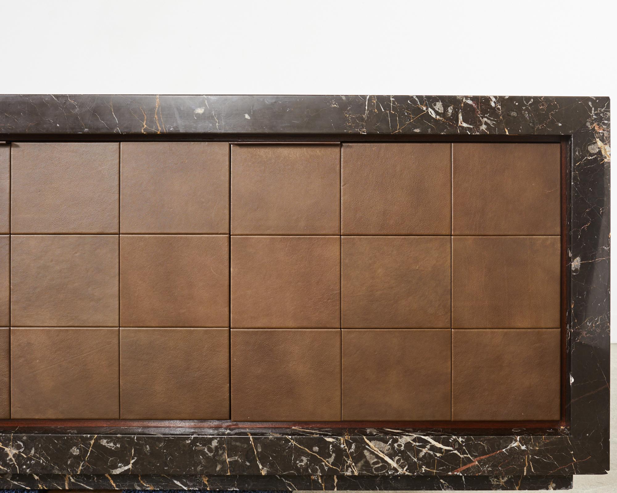 Monumental Black Marble Case Leather Sideboard Credenza  For Sale 8