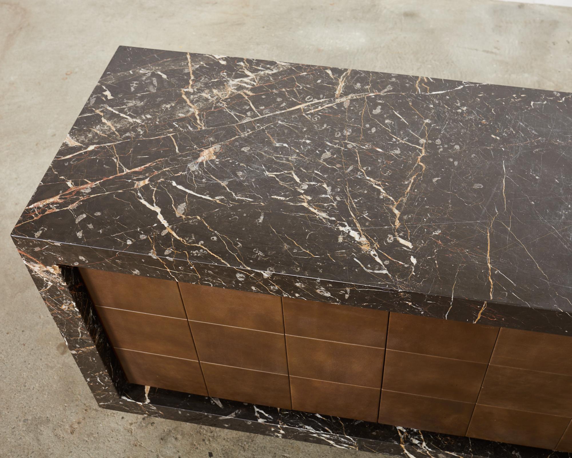 Hand-Crafted Monumental Black Marble Case Leather Sideboard Credenza  For Sale