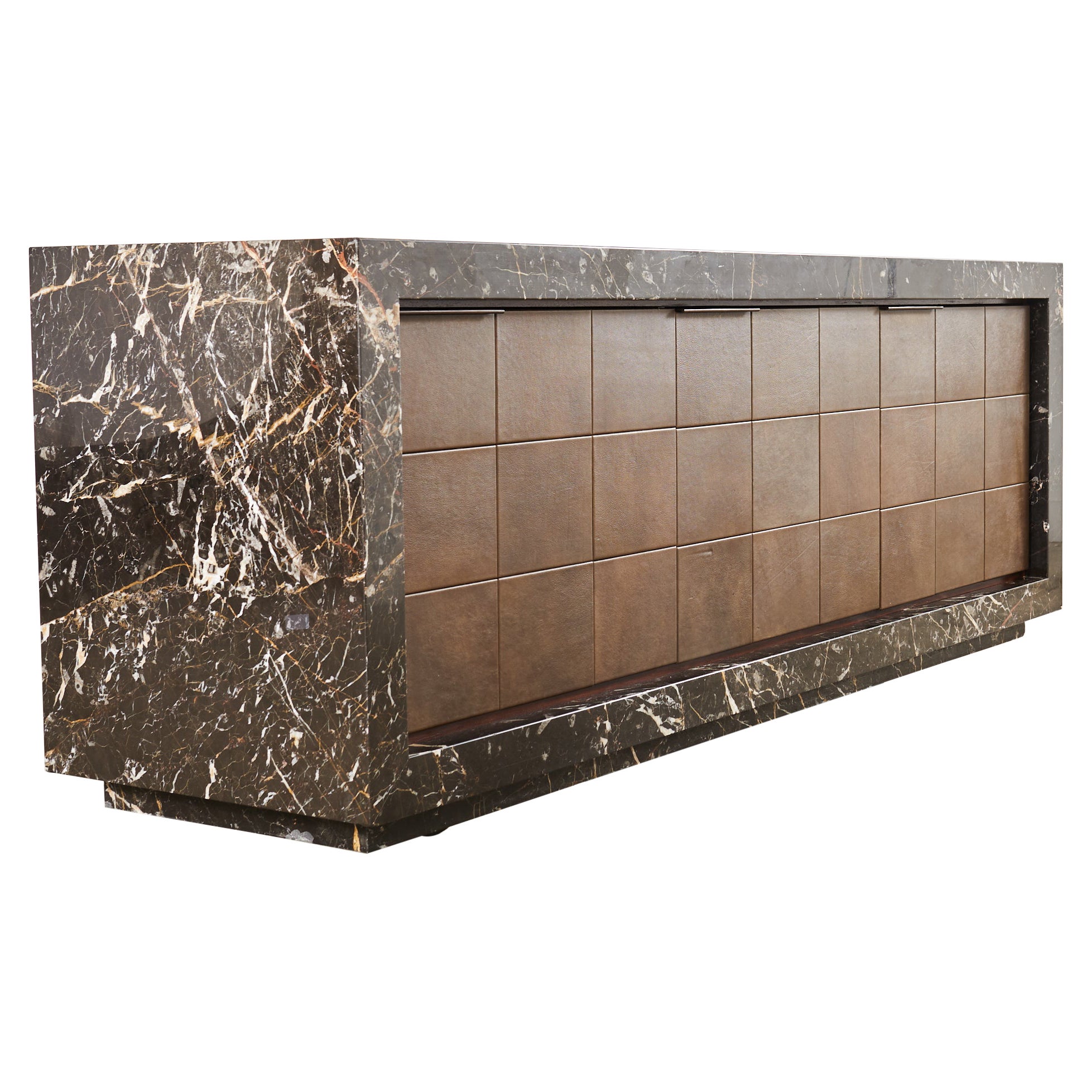 Monumental Black Marble Case Leather Sideboard Credenza