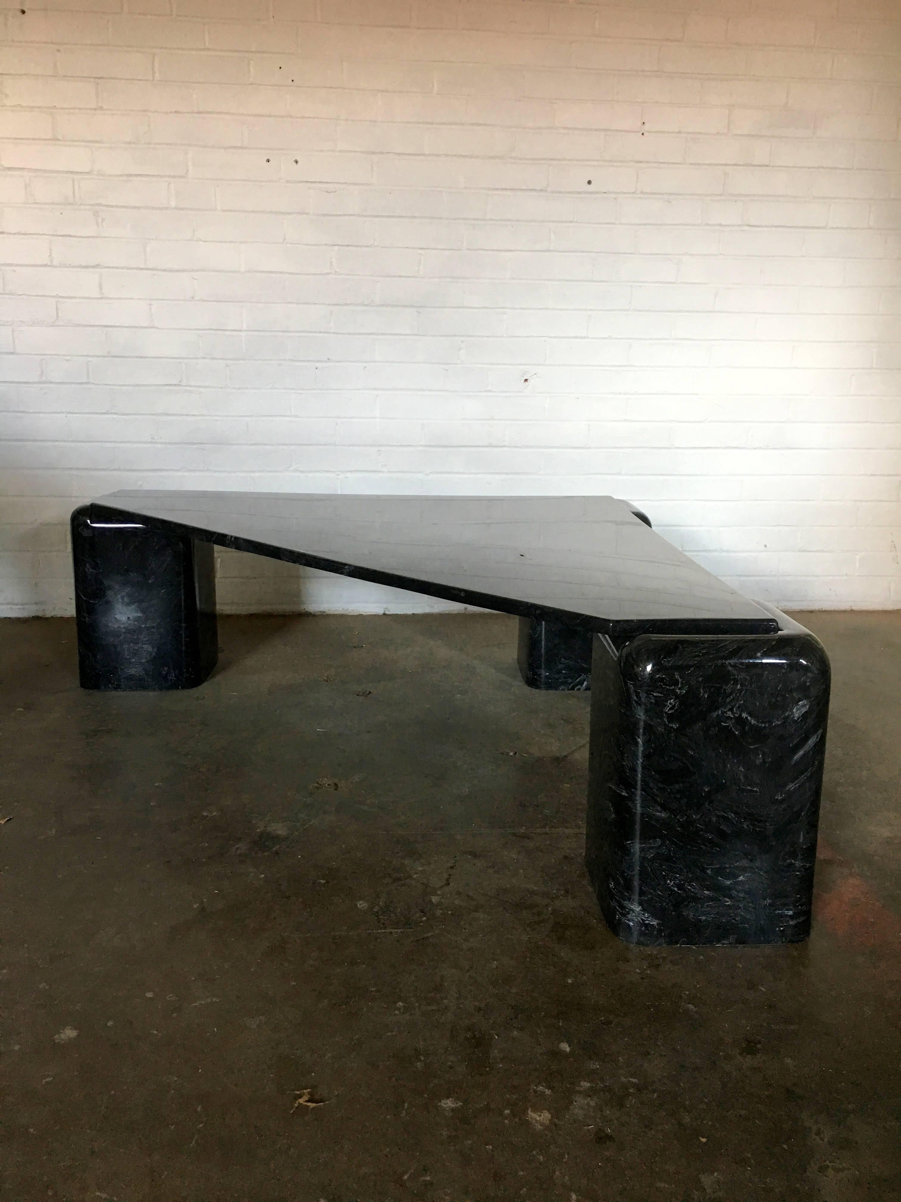 So proud to present to you this excellent condition back with white coffee or cocktail table. No chips or breaks anywhere! Only light scratches.
Table is supported by three bases of the same marble.
The table top sits nicely onto the bases and is