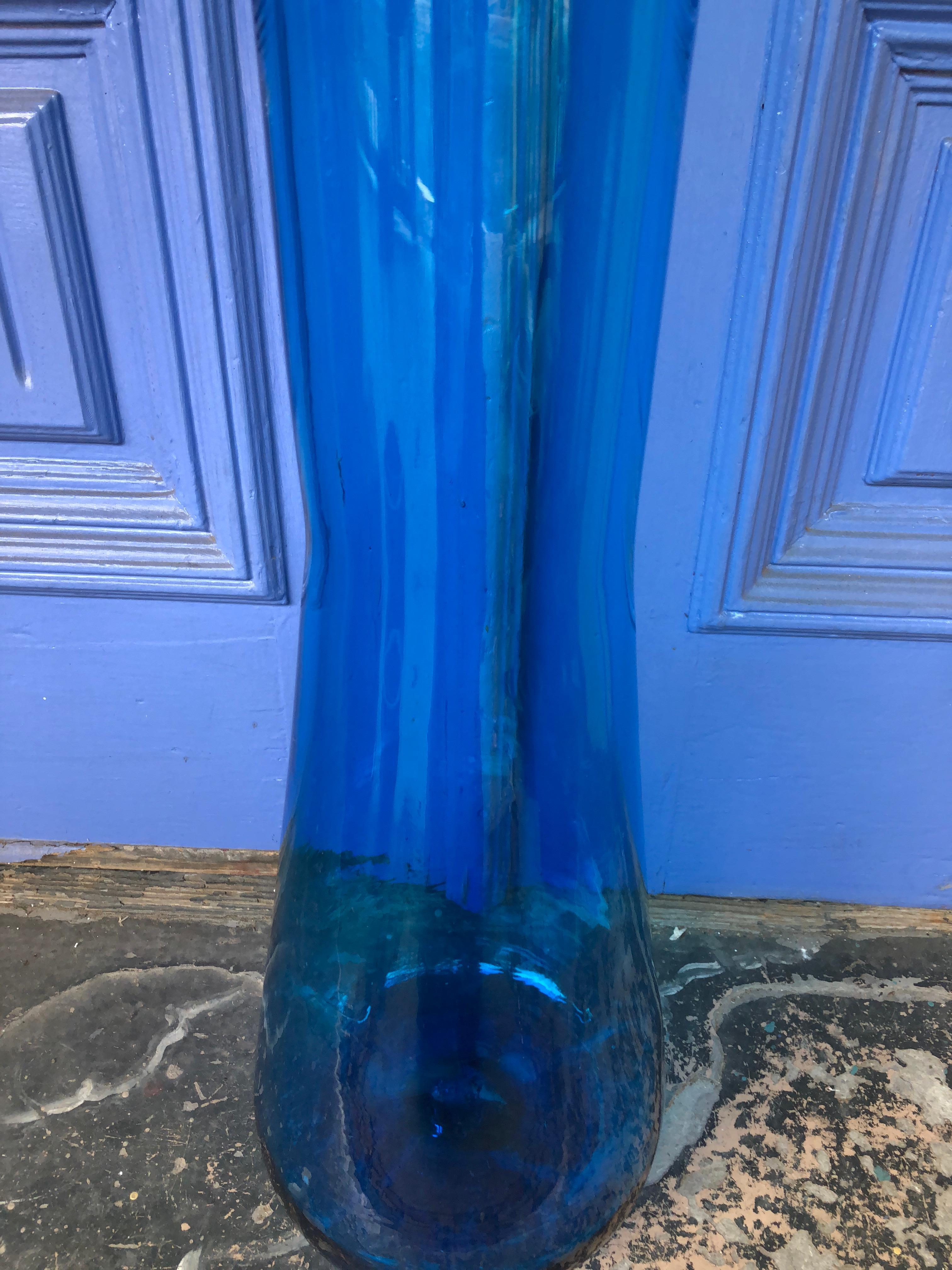 Mid-Century Modern Monumental Blenko Blue Floor Vase, Mouth Blown from the Early 1970s