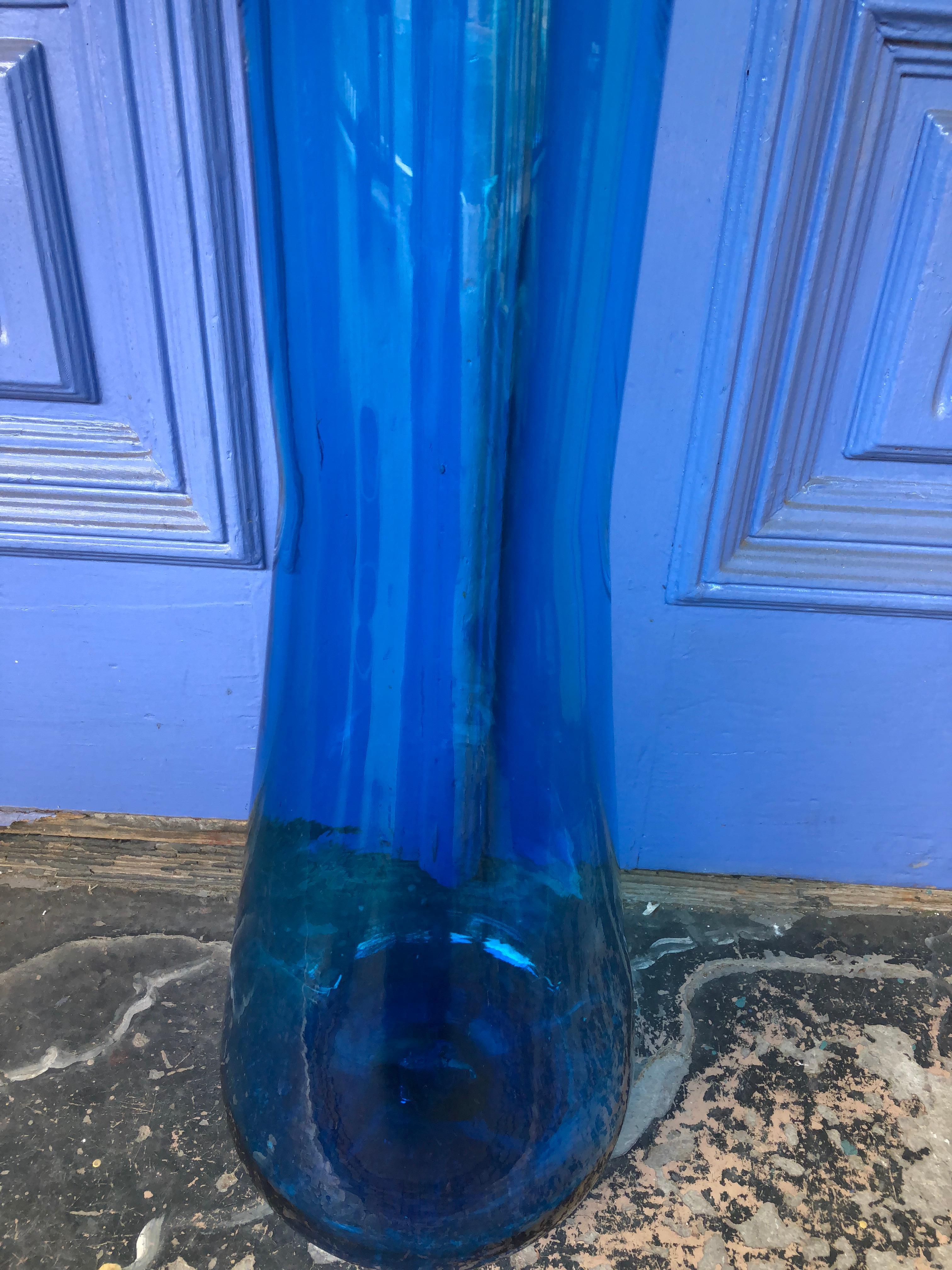 American Monumental Blenko Blue Floor Vase, Mouth Blown from the Early 1970s