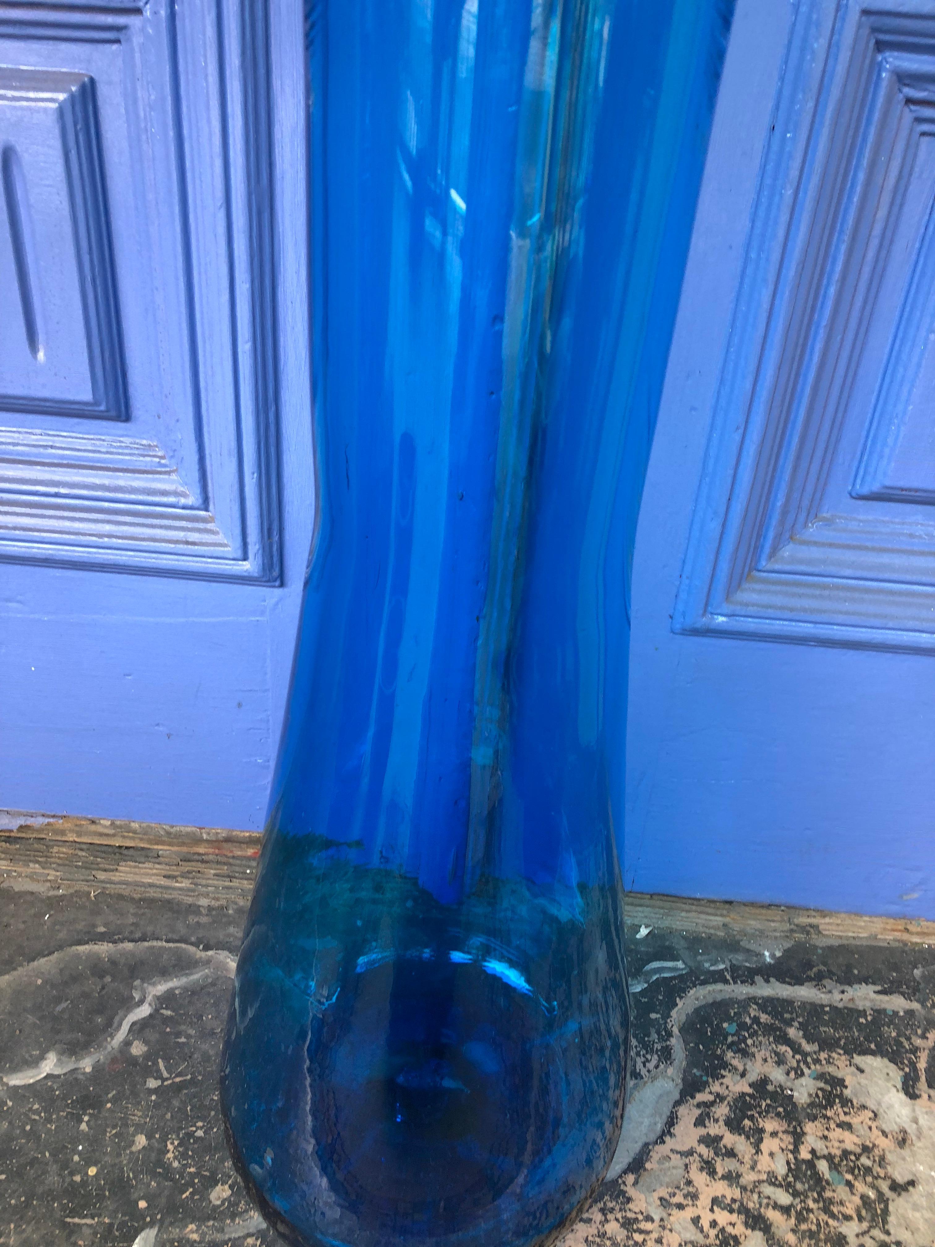 Hand-Crafted Monumental Blenko Blue Floor Vase, Mouth Blown from the Early 1970s
