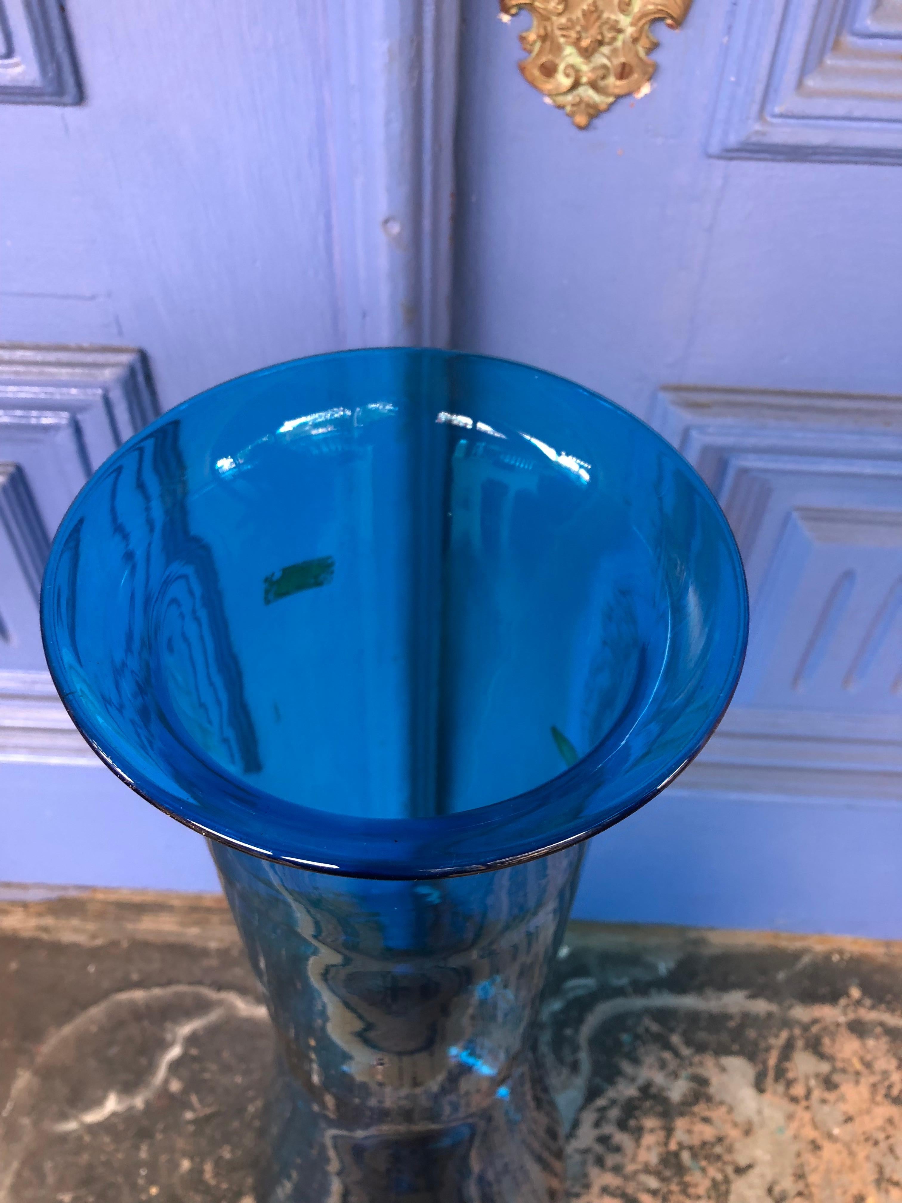 Late 20th Century Monumental Blenko Blue Floor Vase, Mouth Blown from the Early 1970s