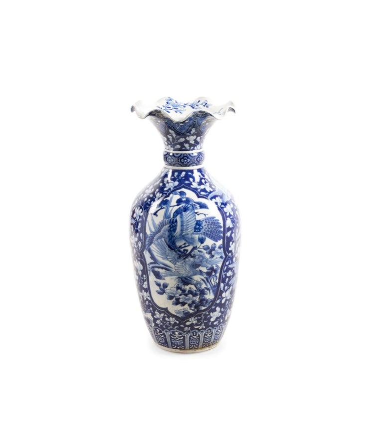 Monumental Blue and White Floor Vase or Dramatic Center Piece For Sale