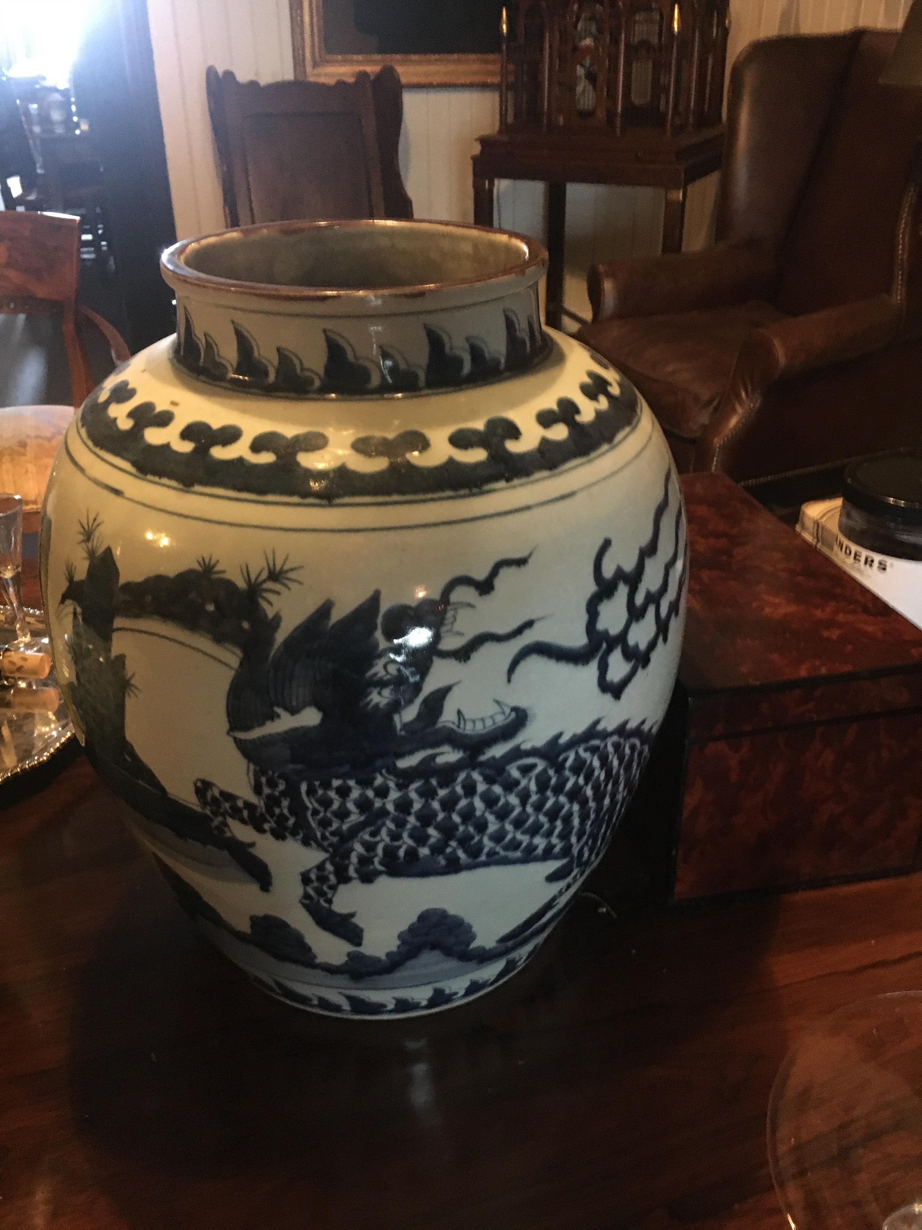Chinese Export Monumental Blue and White Floor Vase or Dramatic Center Piece For Sale