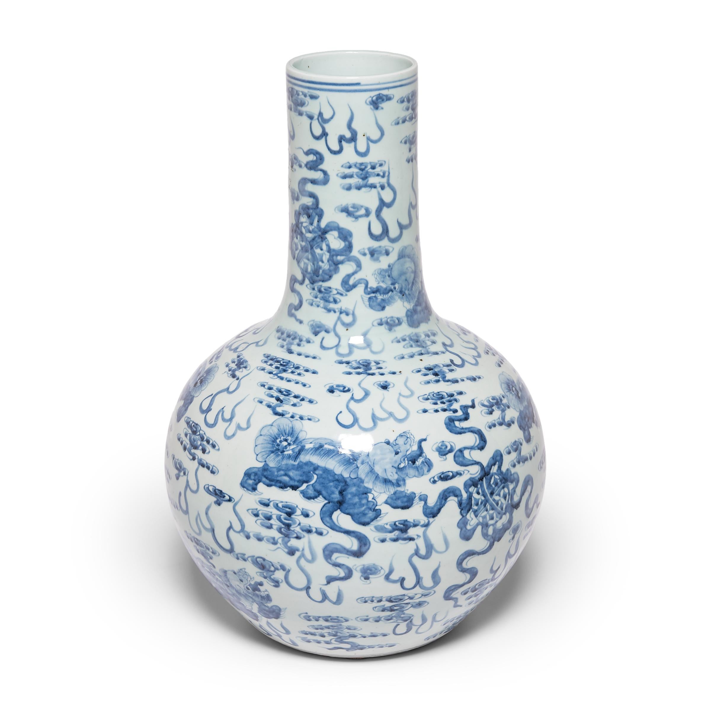 Chinese Large Blue and White Celestial Ball Vase with Fu Dogs For Sale