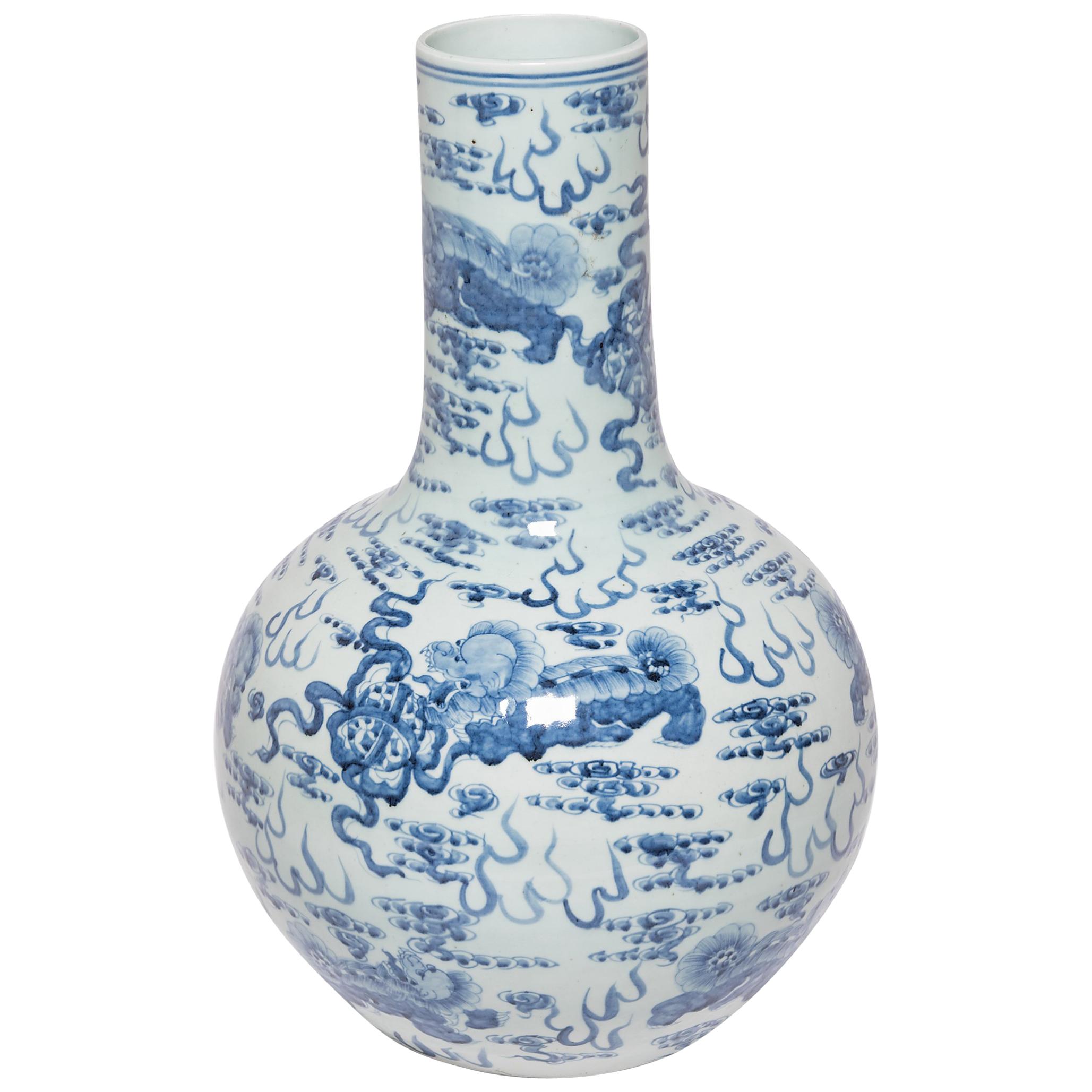 Monumental Blue and White Gooseneck Vase with Fu Dogs