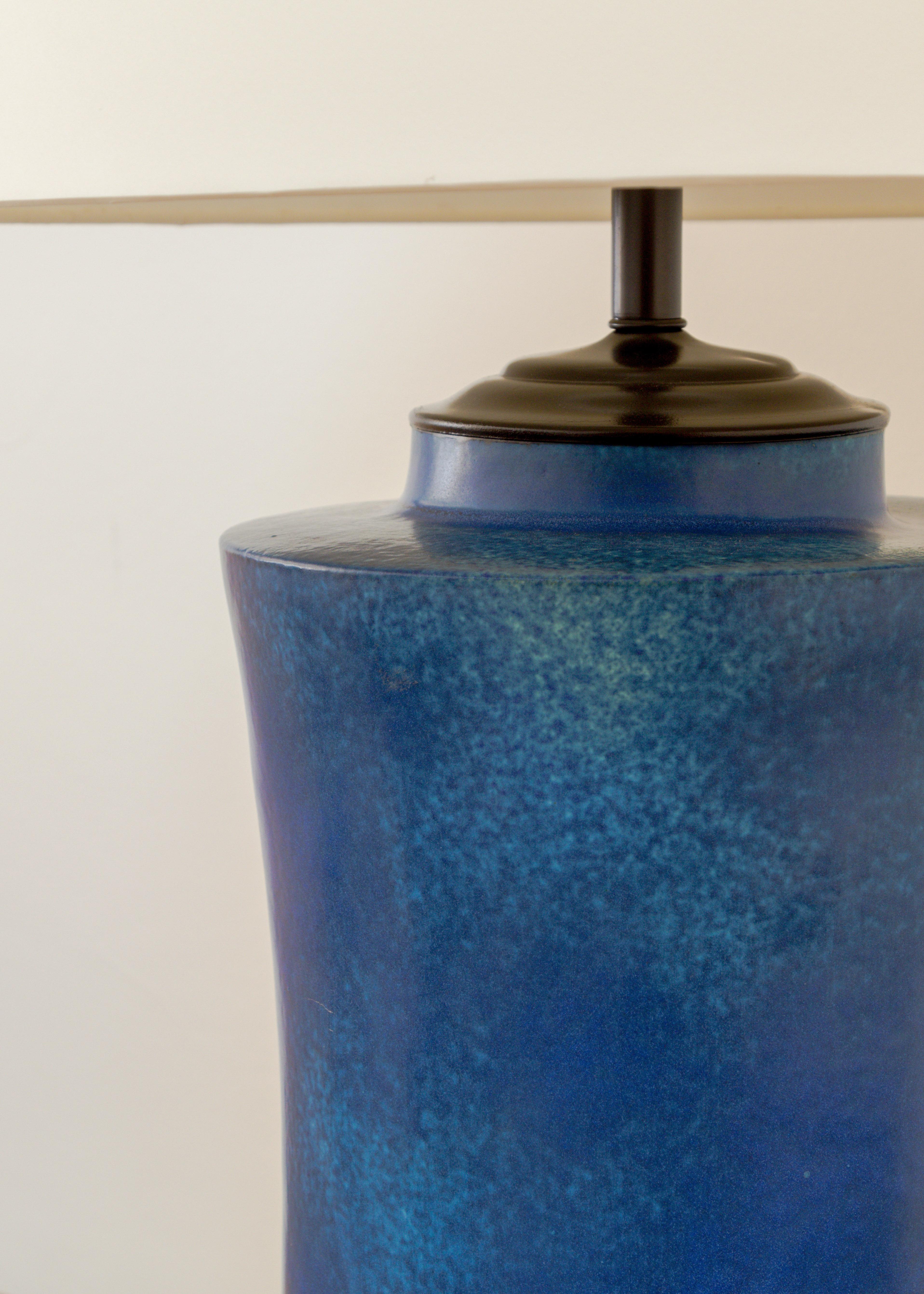 Mid-century large blue glazed earthenware table lamp, new wiring and shade, U.S., circa 1960's.