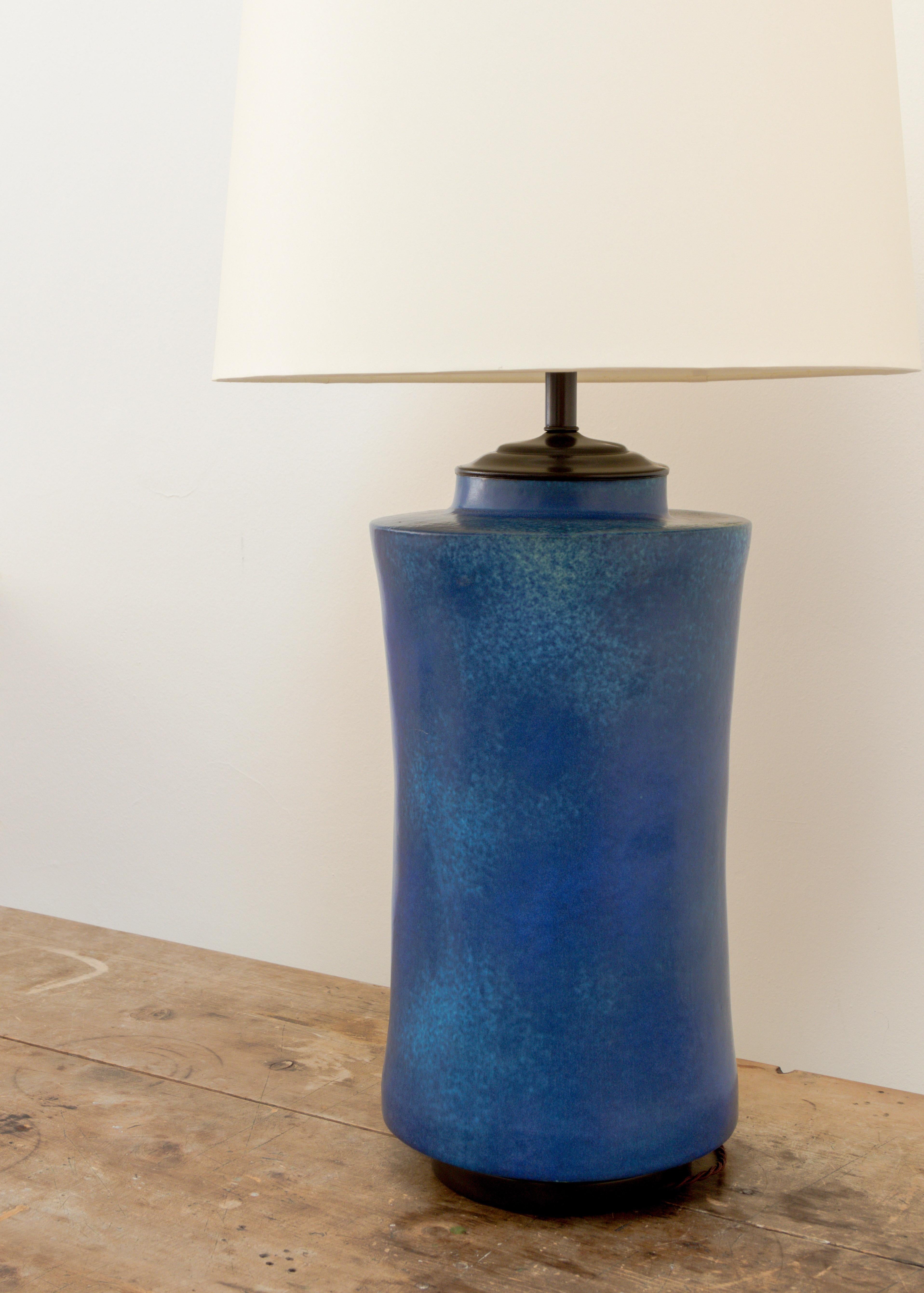 American Monumental Blue Earthenware Table Lamp For Sale