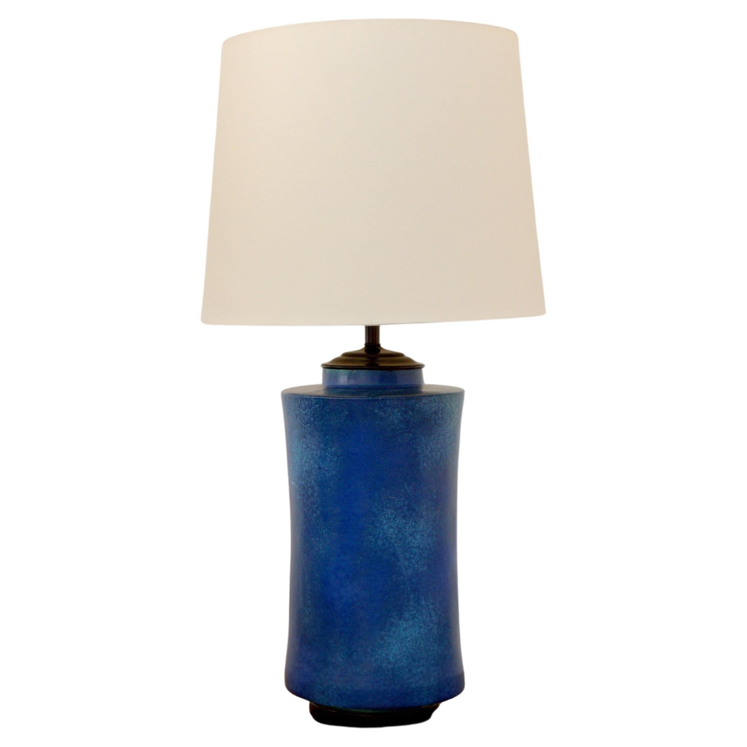 Monumental Blue Earthenware Table Lamp For Sale