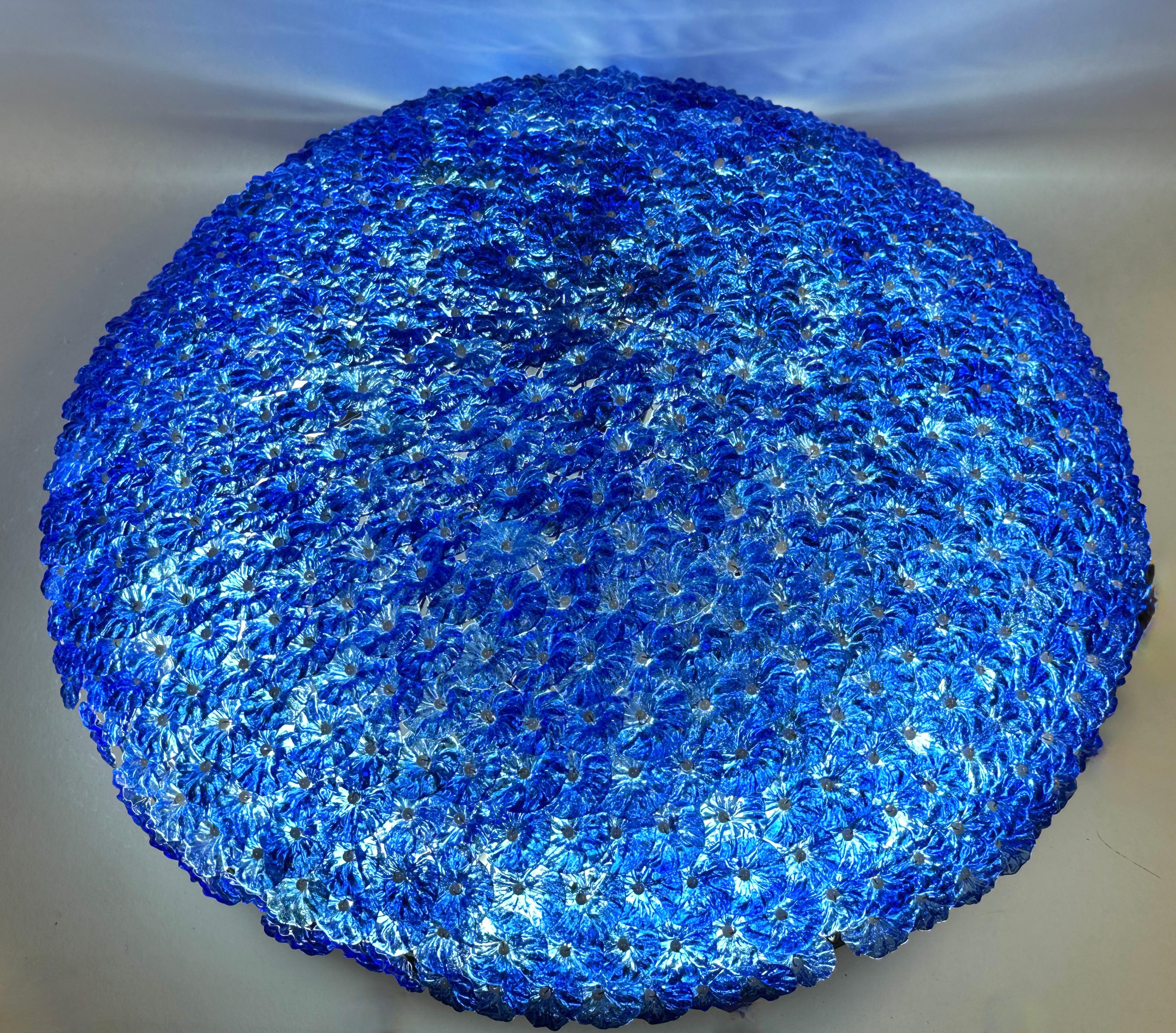 Monumental Blue Murano Glass Flowers Flush Mount, 1980s Italy In Good Condition For Sale In Nuernberg, DE