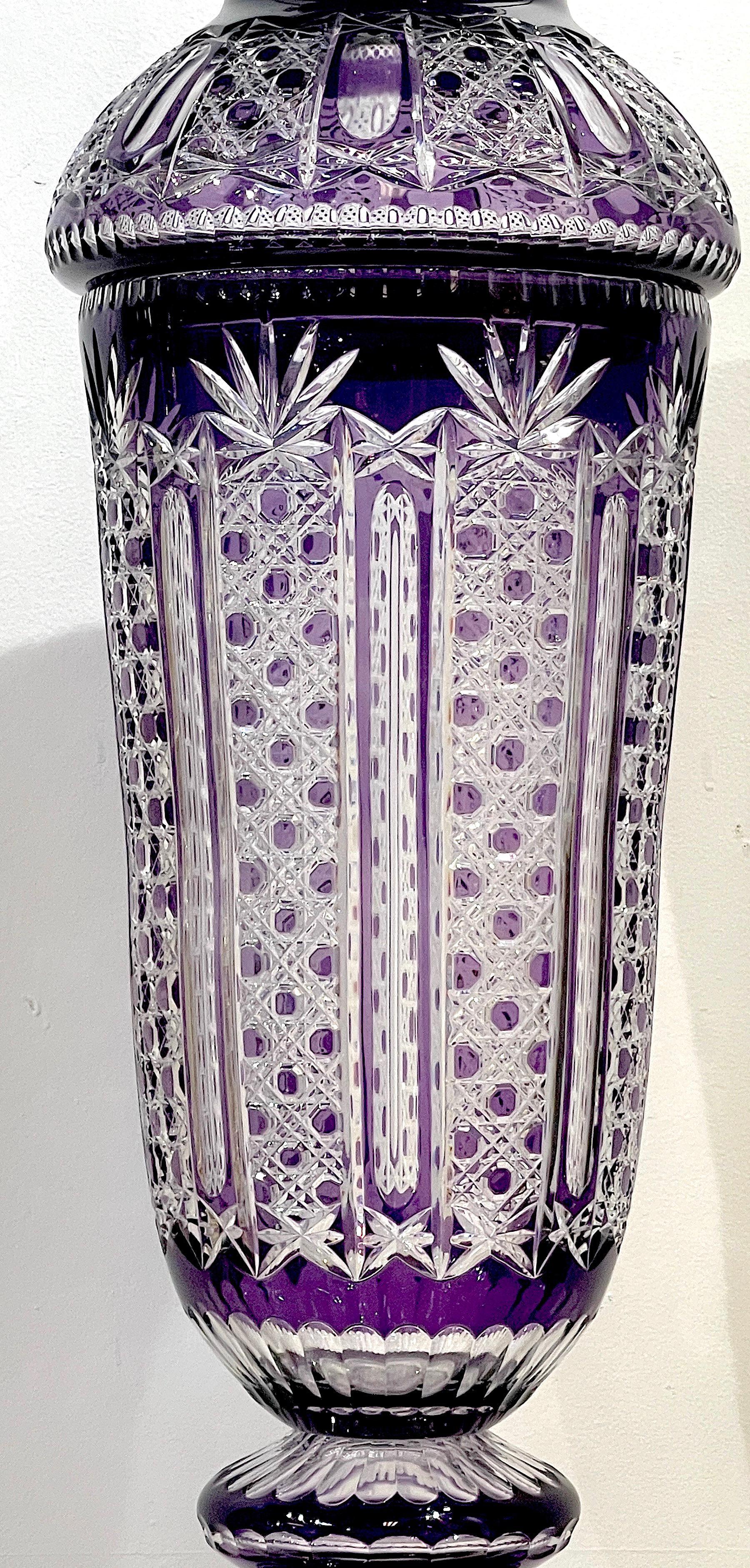 Monumental Bohemian Amethyst Cut to Clear Palace Vase In Good Condition For Sale In West Palm Beach, FL