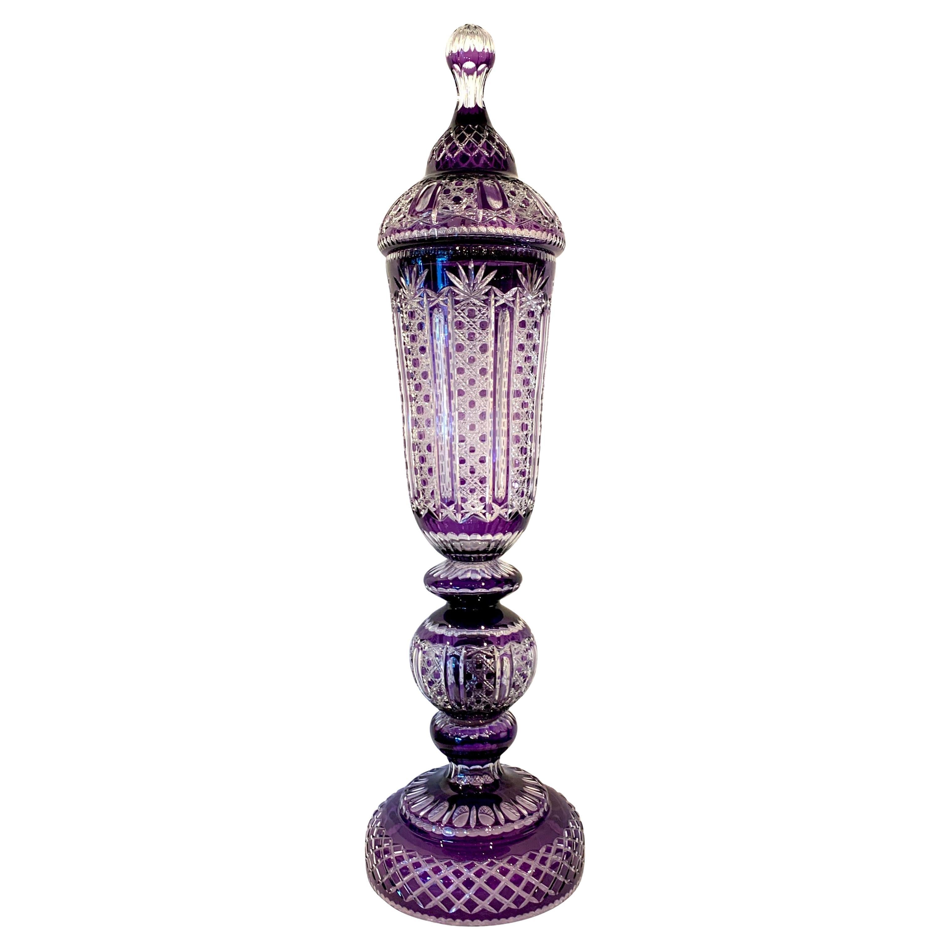 Monumental Bohemian Amethyst Cut to Clear Palace Vase For Sale