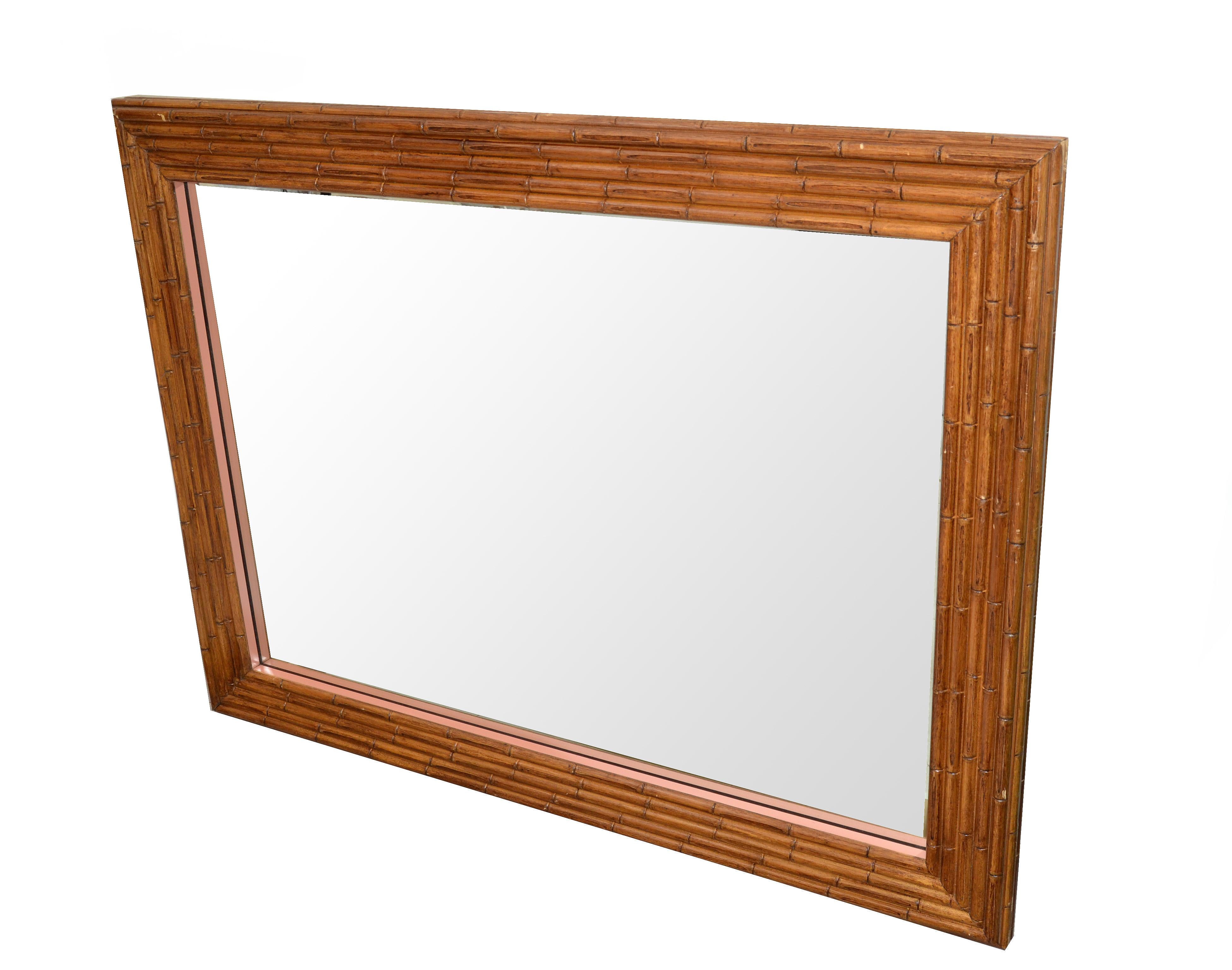 American Monumental Bohemian Rectangular Wall Mirror Wood Backing Mid-Century Modern 50s For Sale