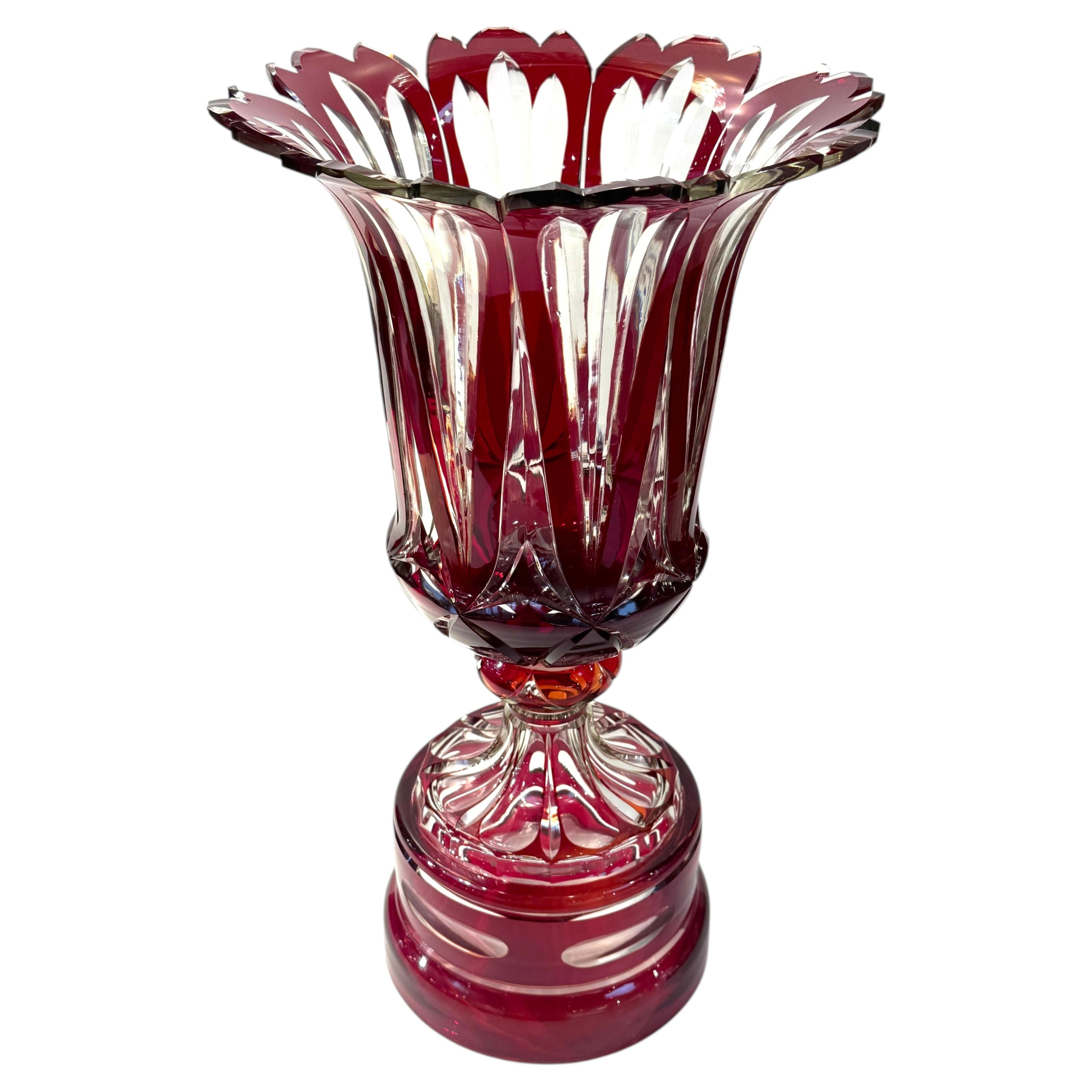 Monumental Bohemian Ruby Cut to Clear Crystal Flower Form Vase, Circa 1880 For Sale