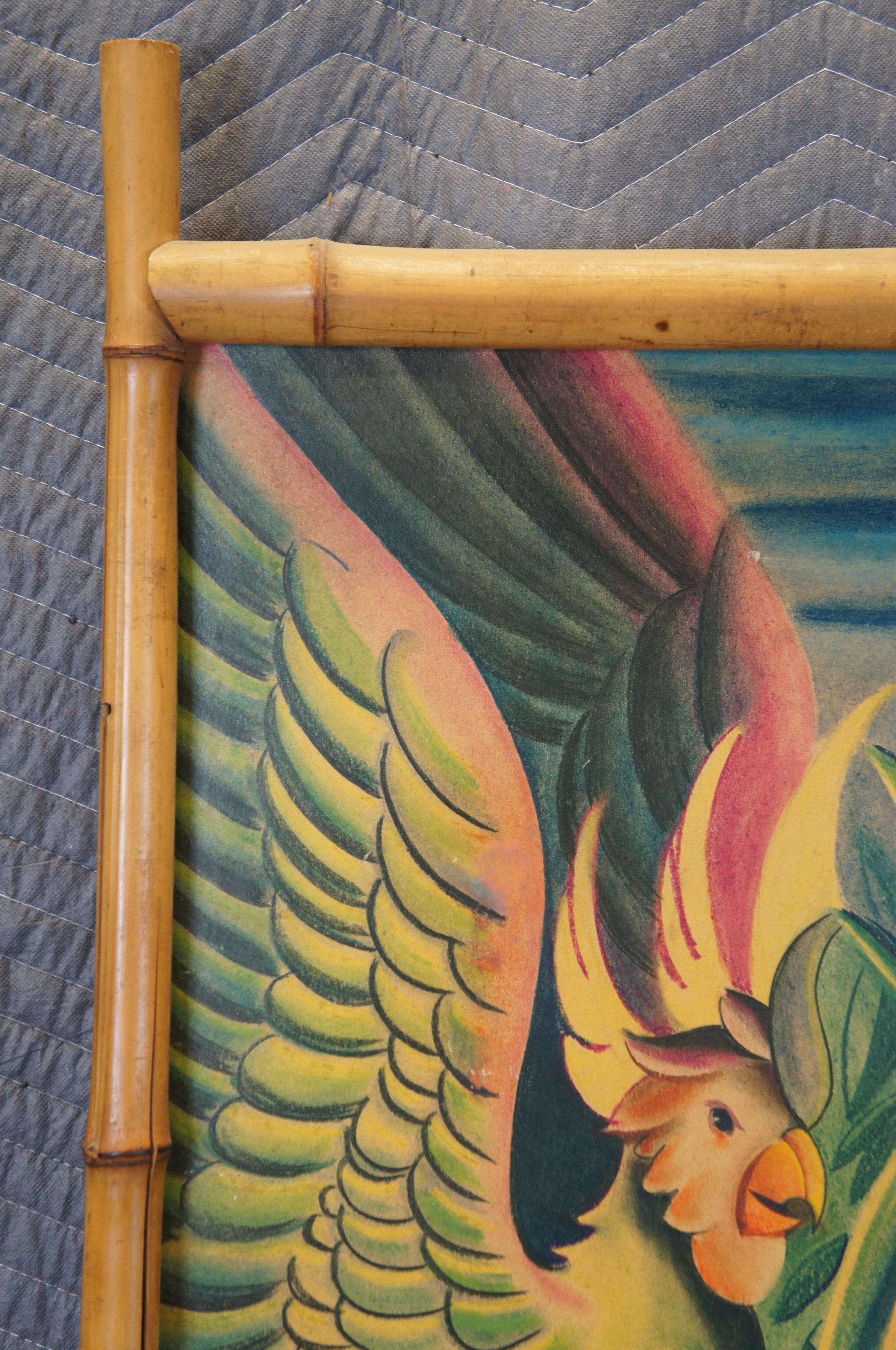 Monumental Bohemian Tiki Pastel Painting Tropical Nude MCM Faux Bamboo Frame 66