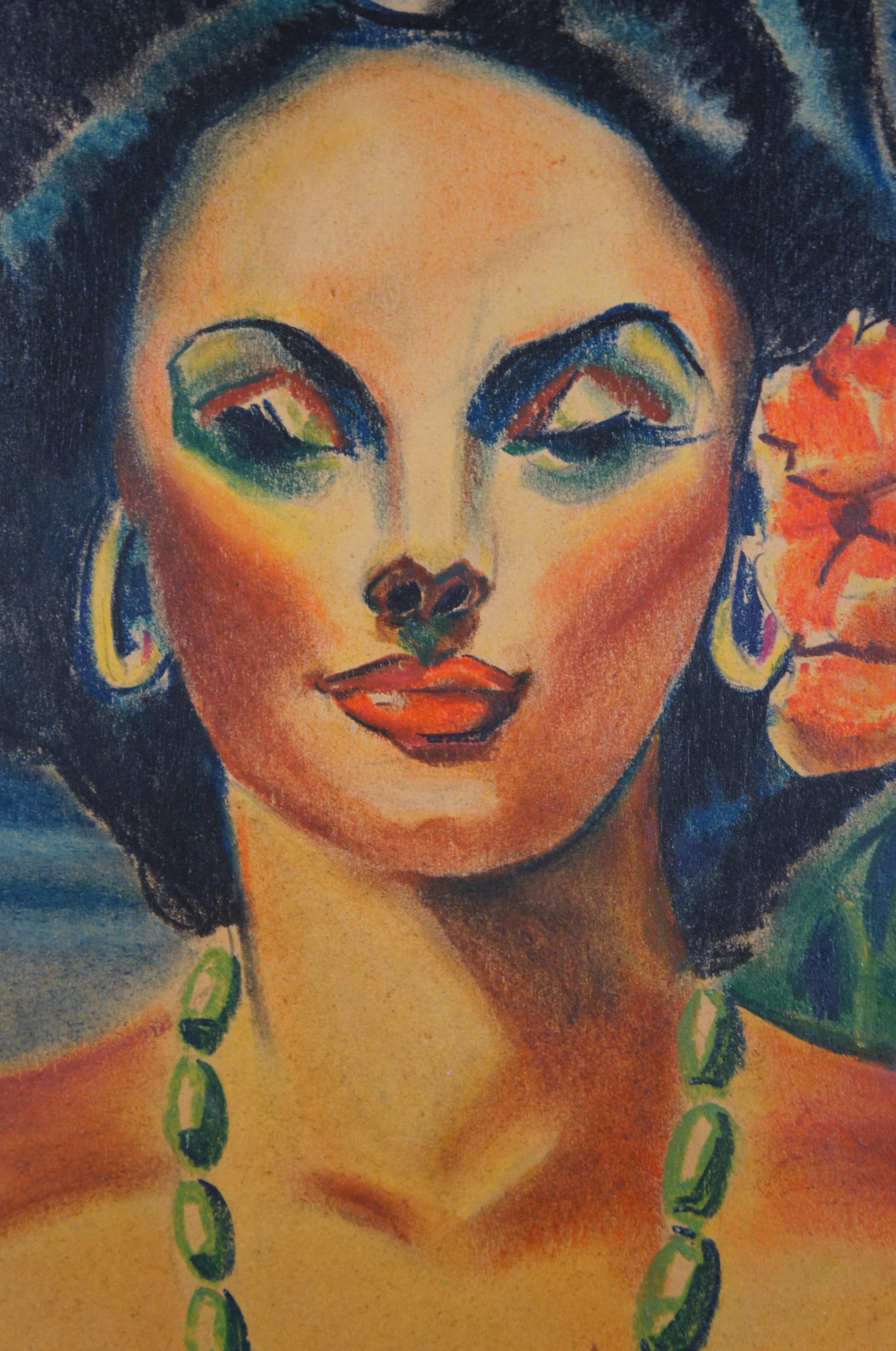 Monumental Bohemian Tiki Pastel Painting Tropical Nude MCM Faux Bamboo Frame 66