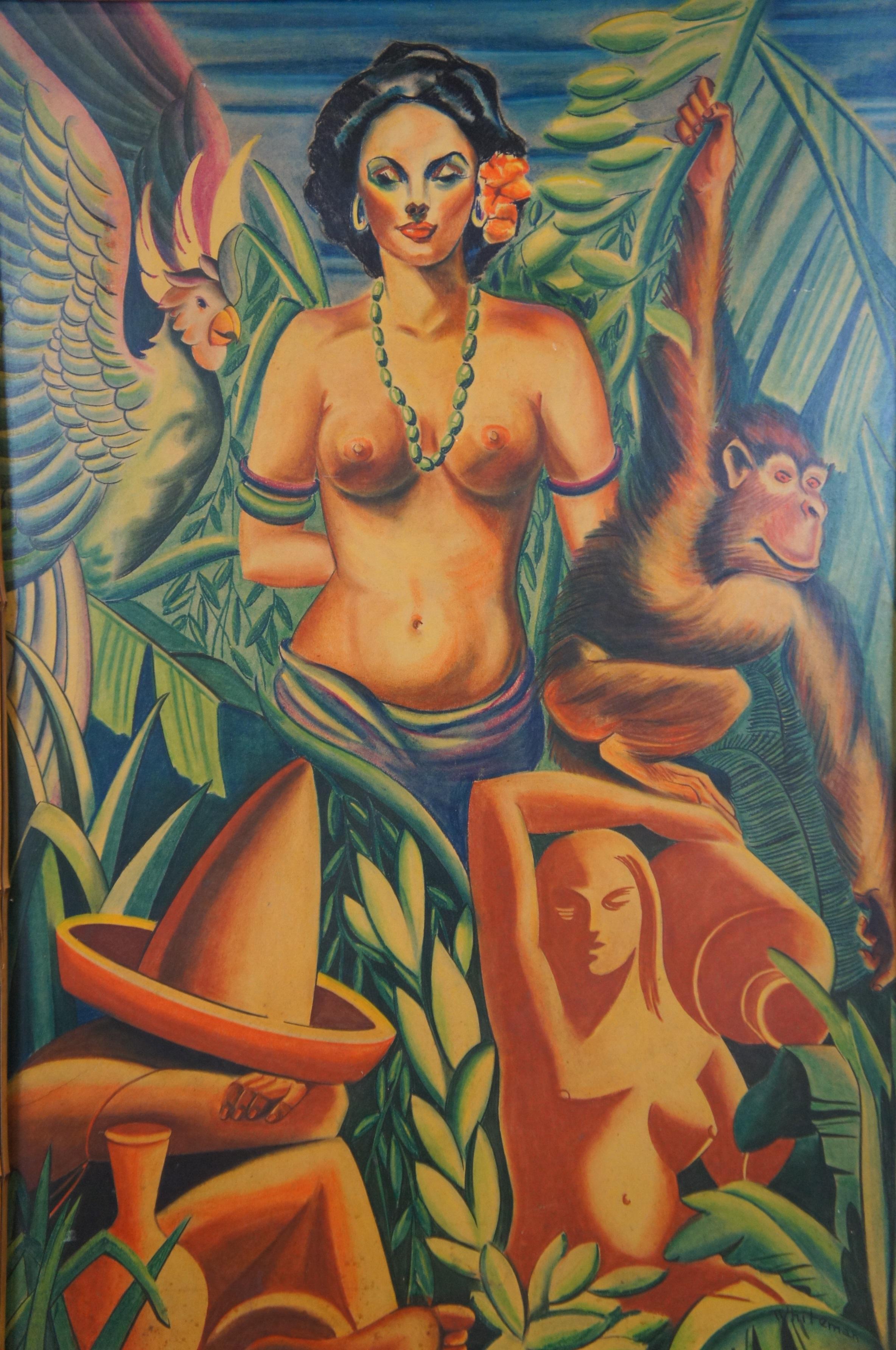 Monumental Bohemian Tiki Pastel Painting Tropical Nude MCM Faux Bamboo Frame 66