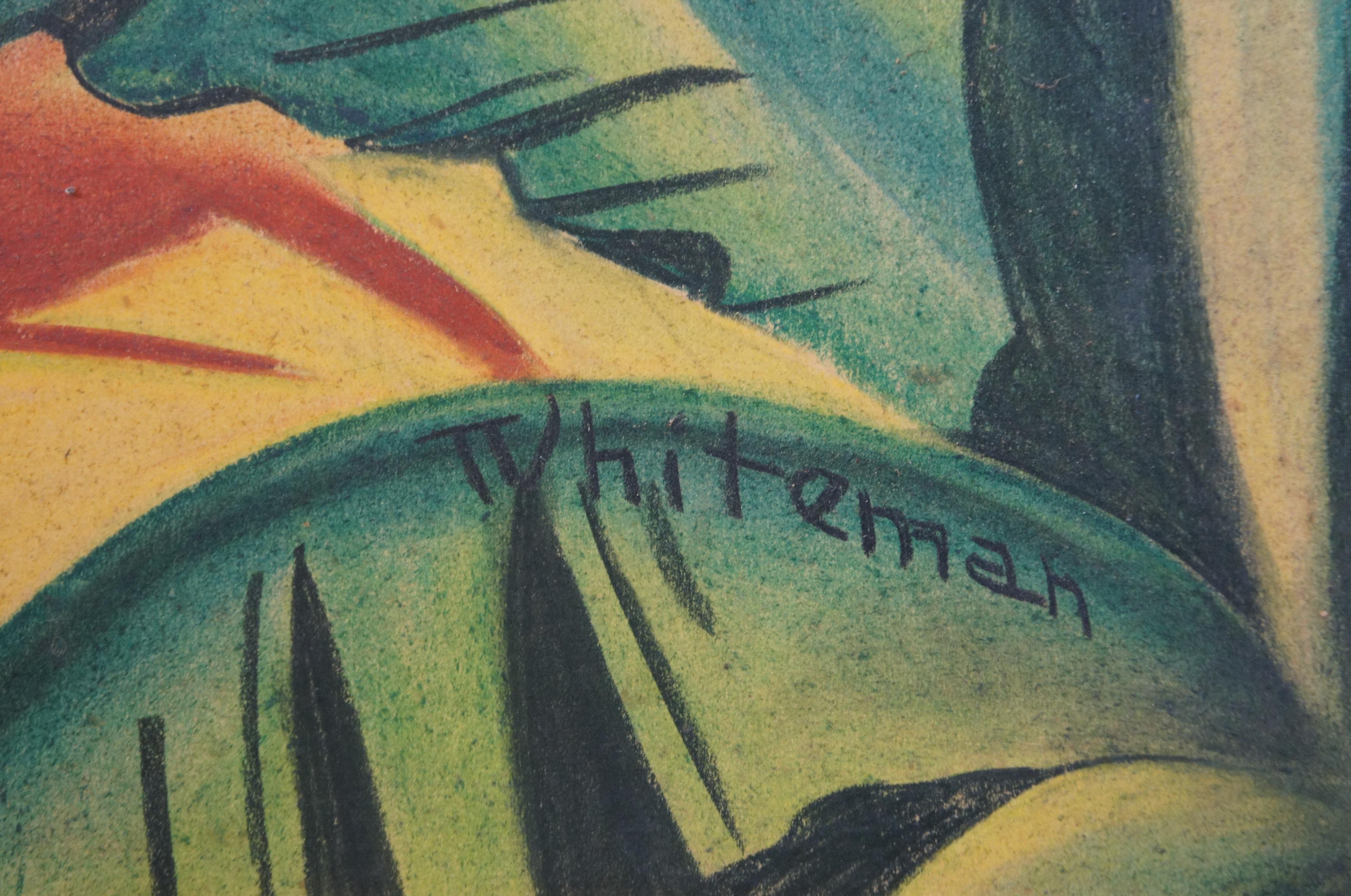 Monumental Bohemian Tiki Pastel Painting Tropical Nude MCM Faux Bamboo Frame 66