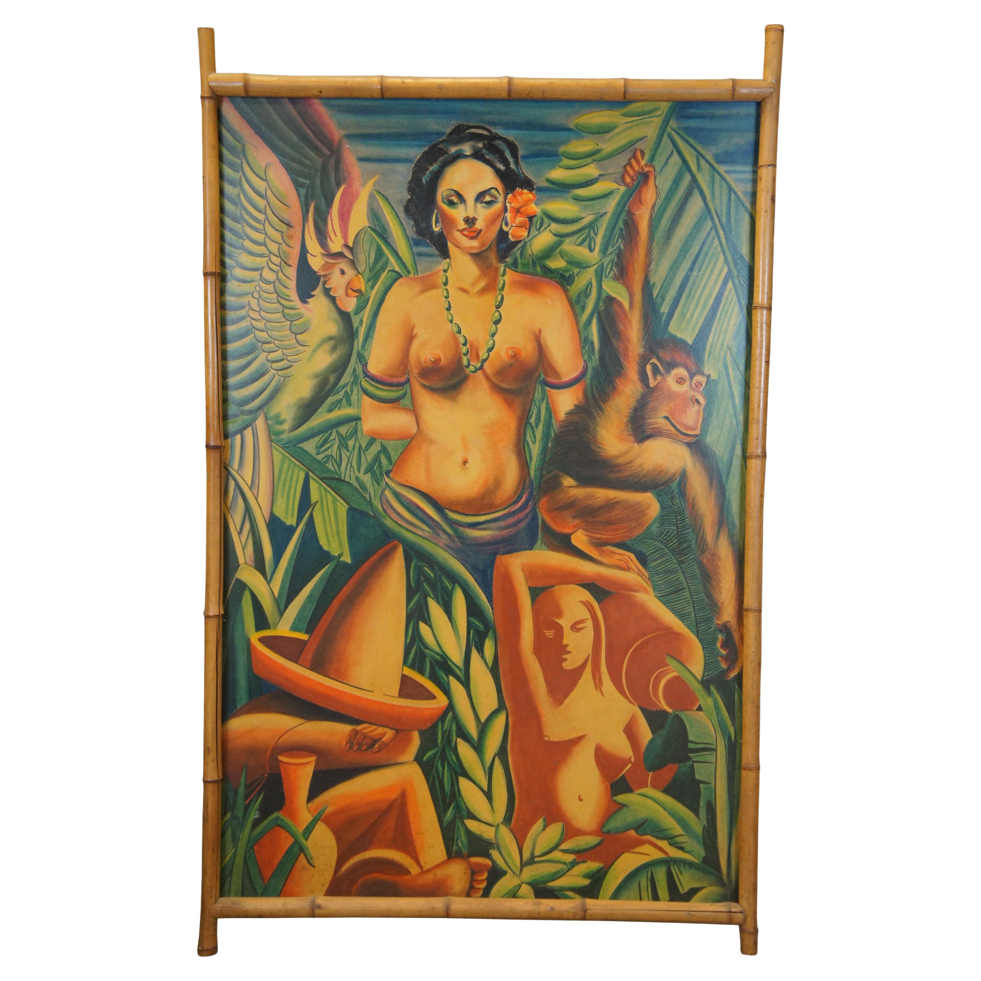 Monumental Bohemian Tiki Pastel Painting Tropical Nude MCM Faux Bamboo Frame 66" For Sale