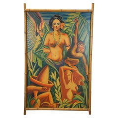 Monumental Bohemian Tiki Pastel Painting Tropical Nude MCM Faux Bamboo Frame 66"