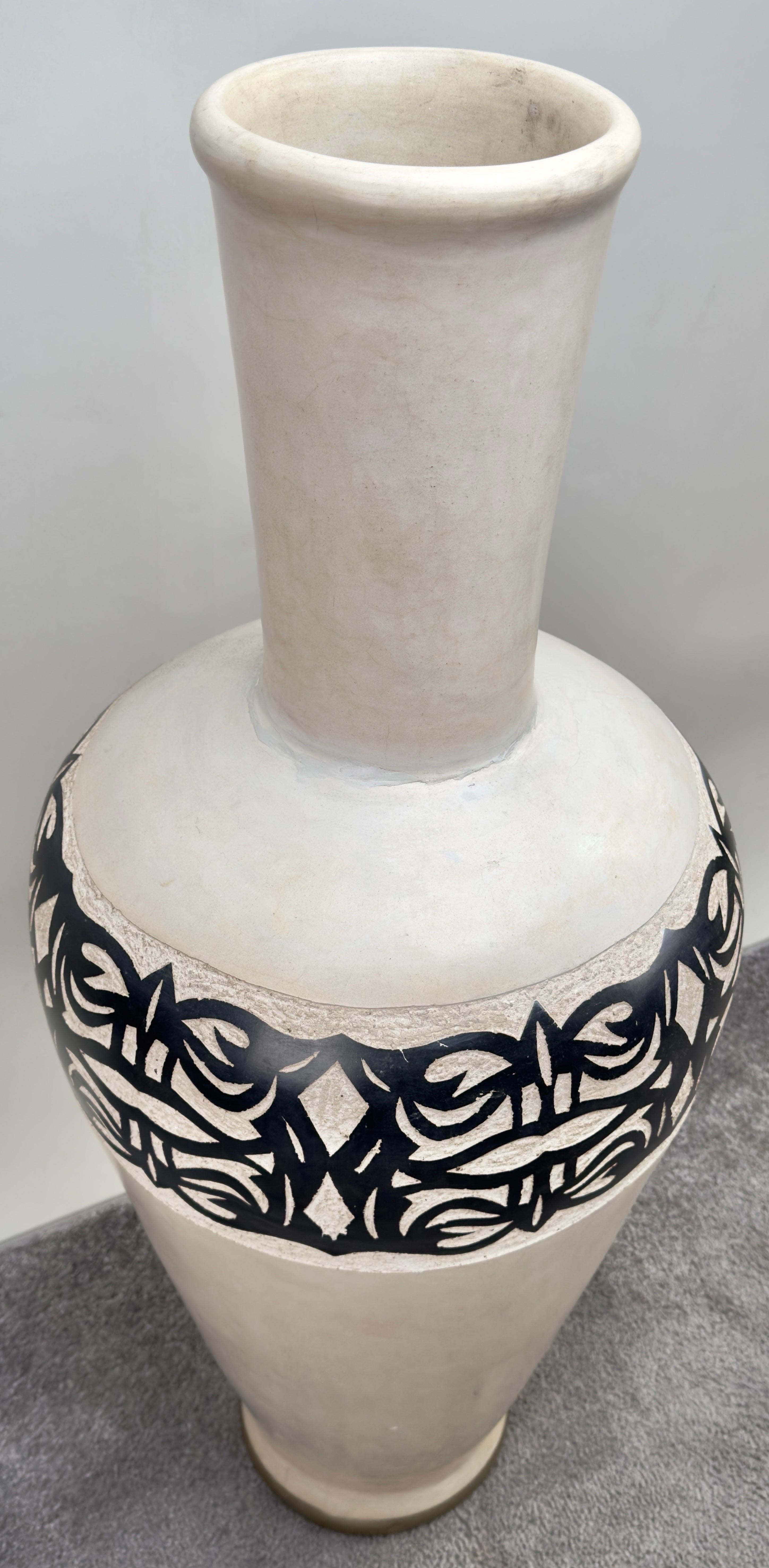 Bohemian Monumental Boho Chic Moroccan off White & Black Pottery Floor Vase or Urn  For Sale