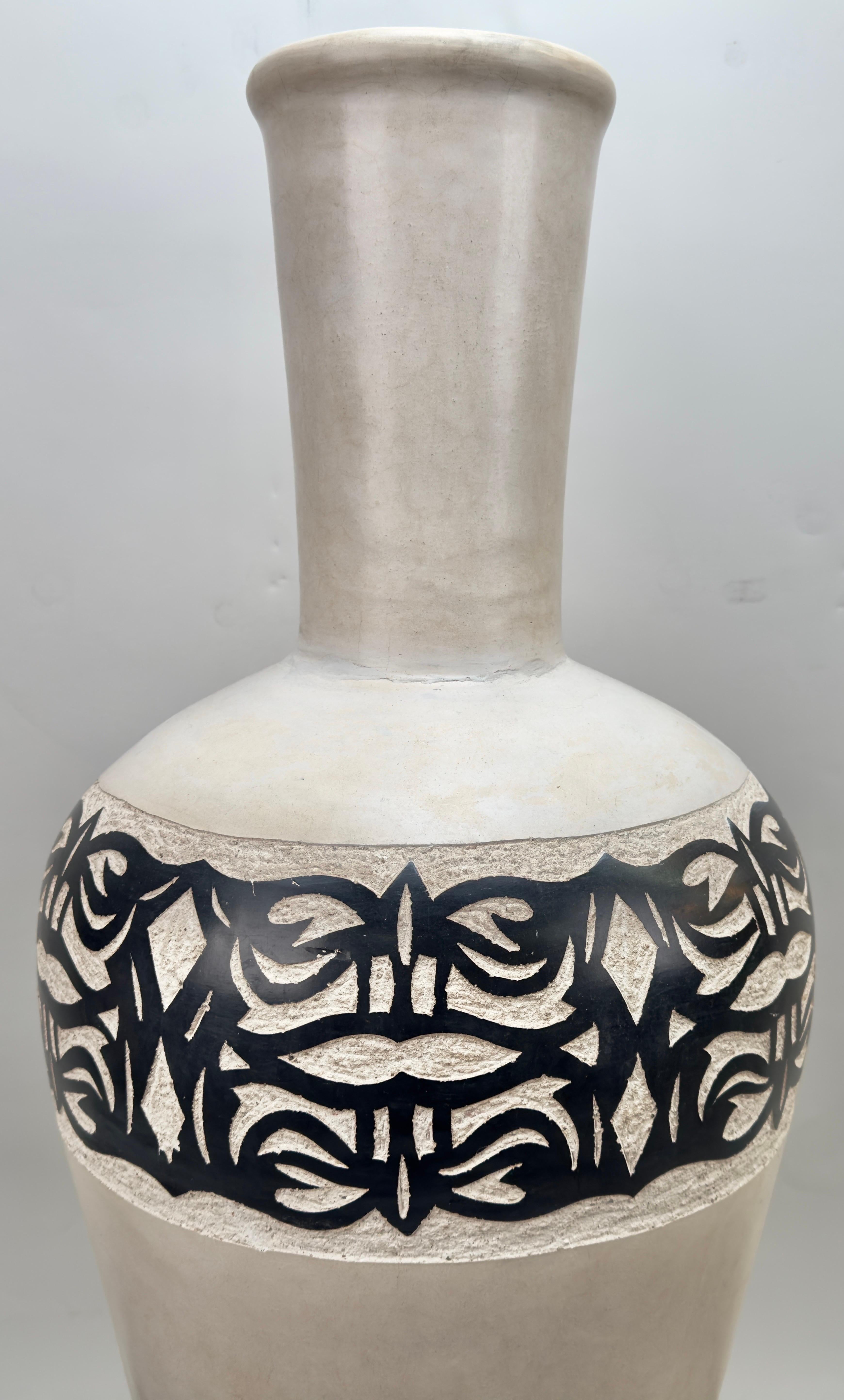 Hand-Crafted Monumental Boho Chic Moroccan off White & Black Pottery Floor Vase or Urn  For Sale