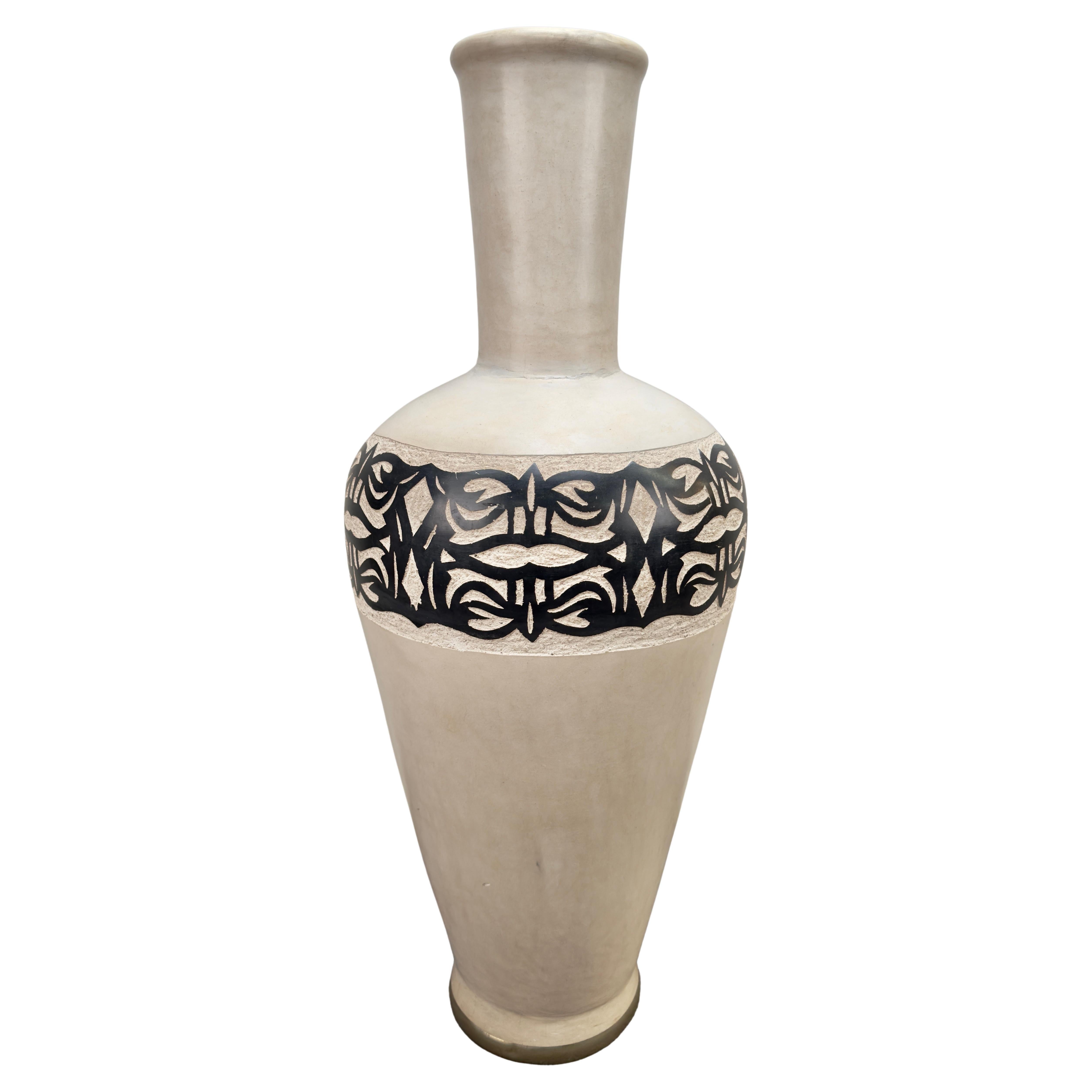 Monumental Boho Chic Moroccan off White & Black Pottery Floor Vase or Urn