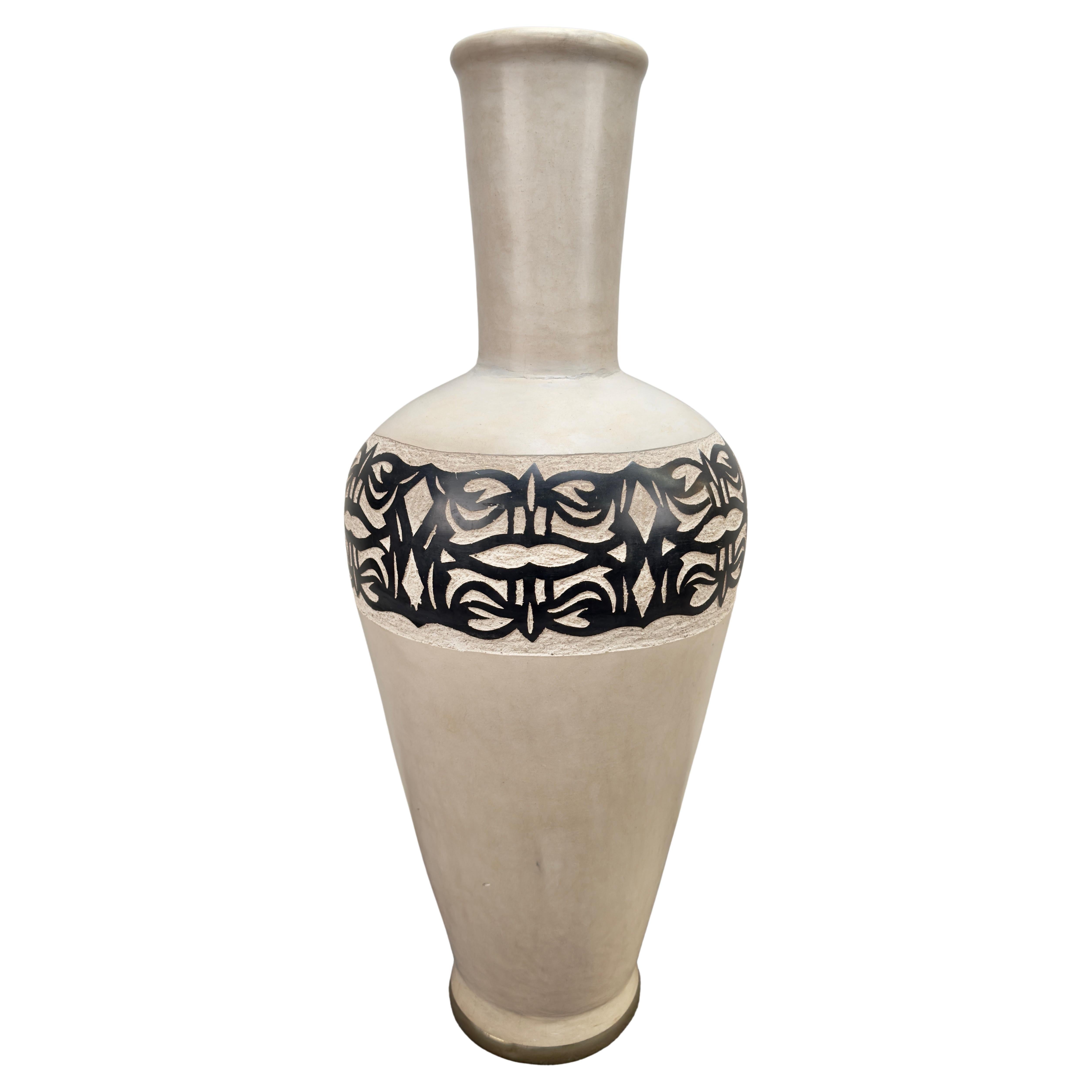 Monumental Boho Chic Moroccan off White & Black Pottery Floor Vase or Urn  For Sale