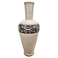 Monumental Boho Chic Moroccan off White & Black Pottery Floor Vase or Urn 