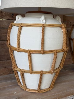 Monumental Boho Coastal Regency Plaster Lamps With Hand-Wrapped Rattan Cage
